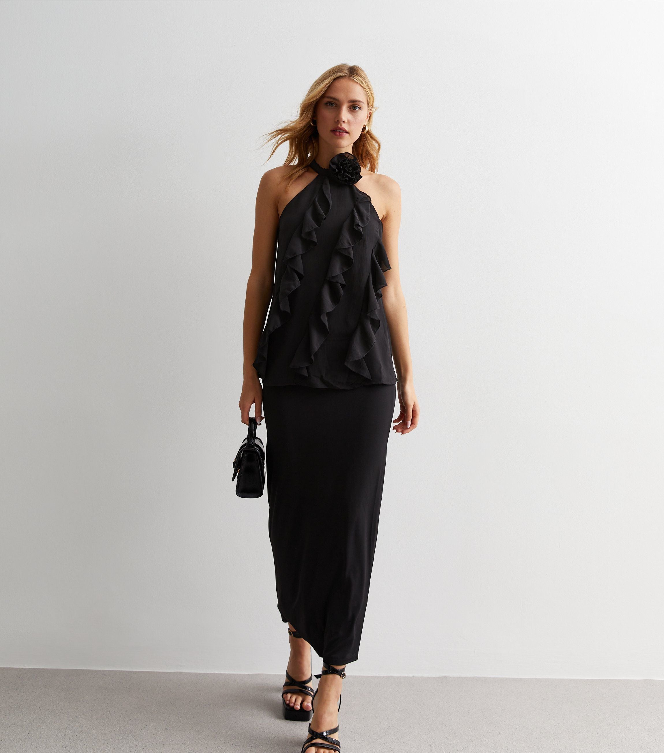 Black Ruffle Detail Halter Neck Top