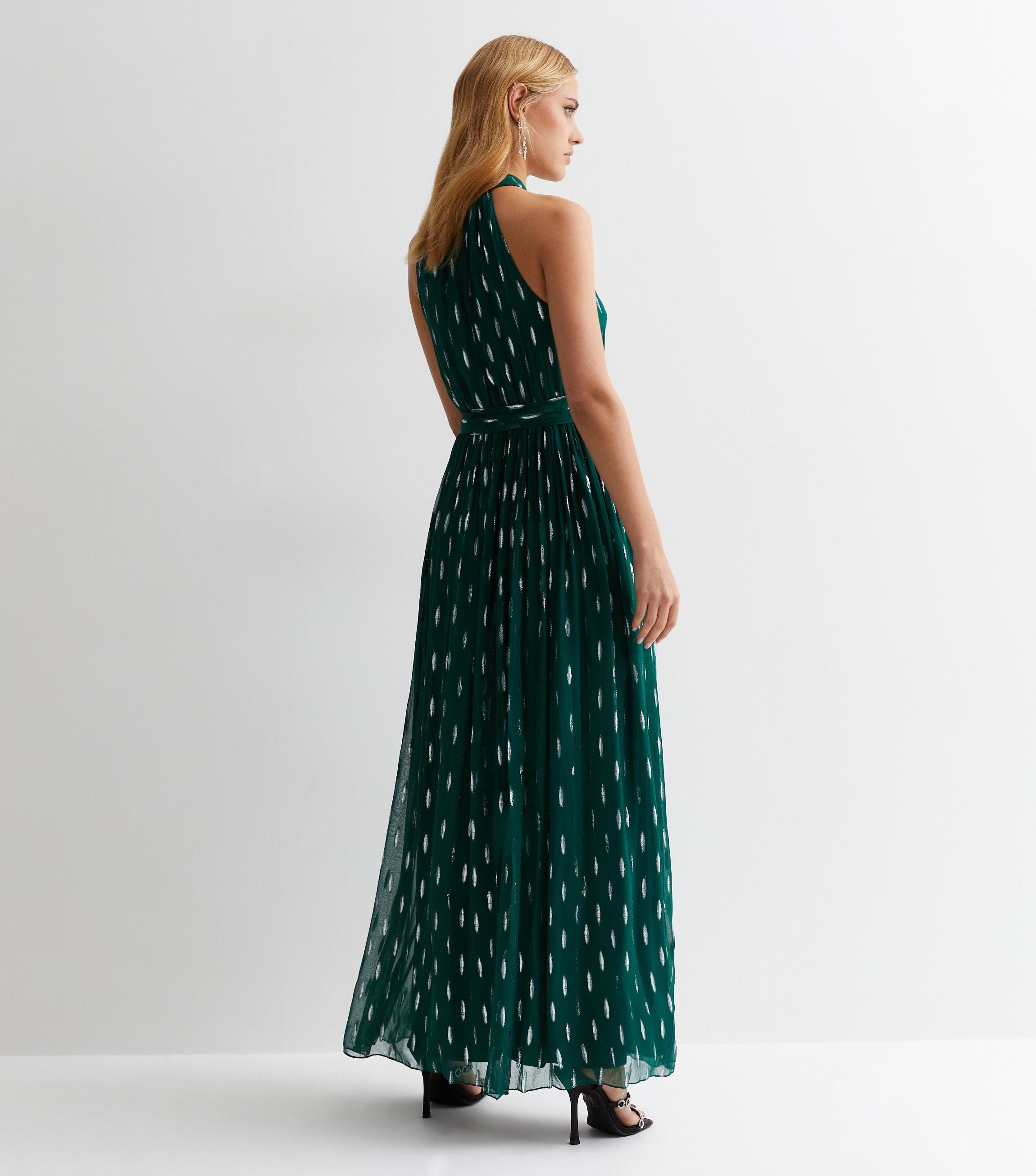 Green Jacquard Halter Neck Maxi Dress