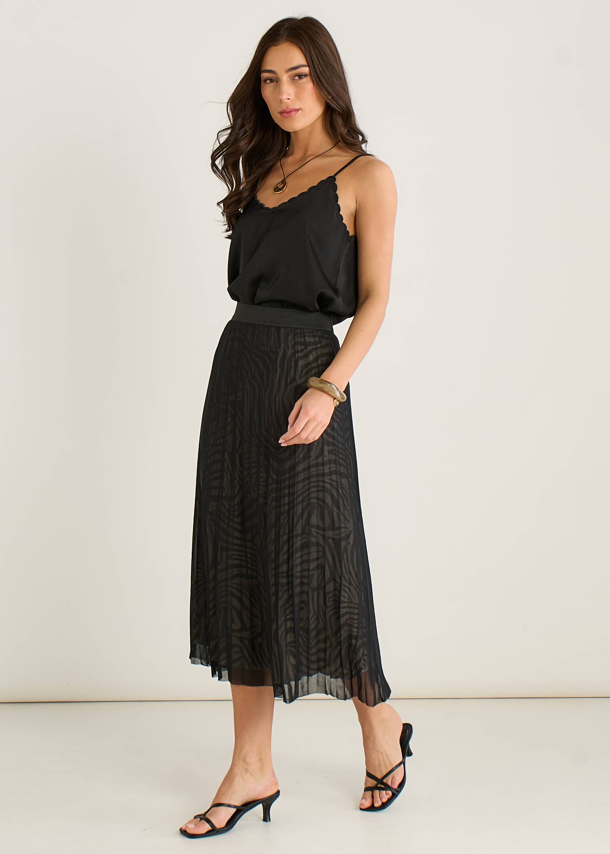 Black Animal Print Mesh Overlay Pleated Midi Skirt