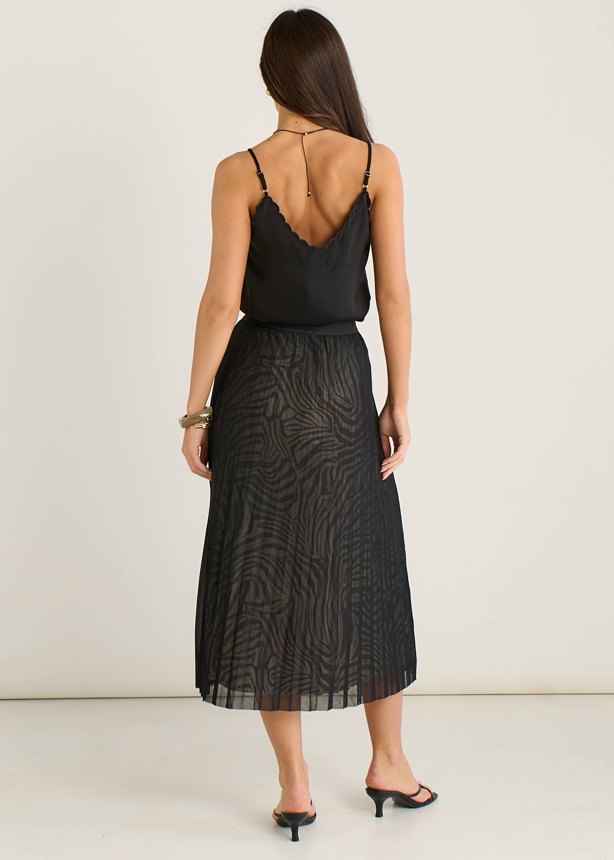 Black Animal Print Mesh Overlay Pleated Midi Skirt