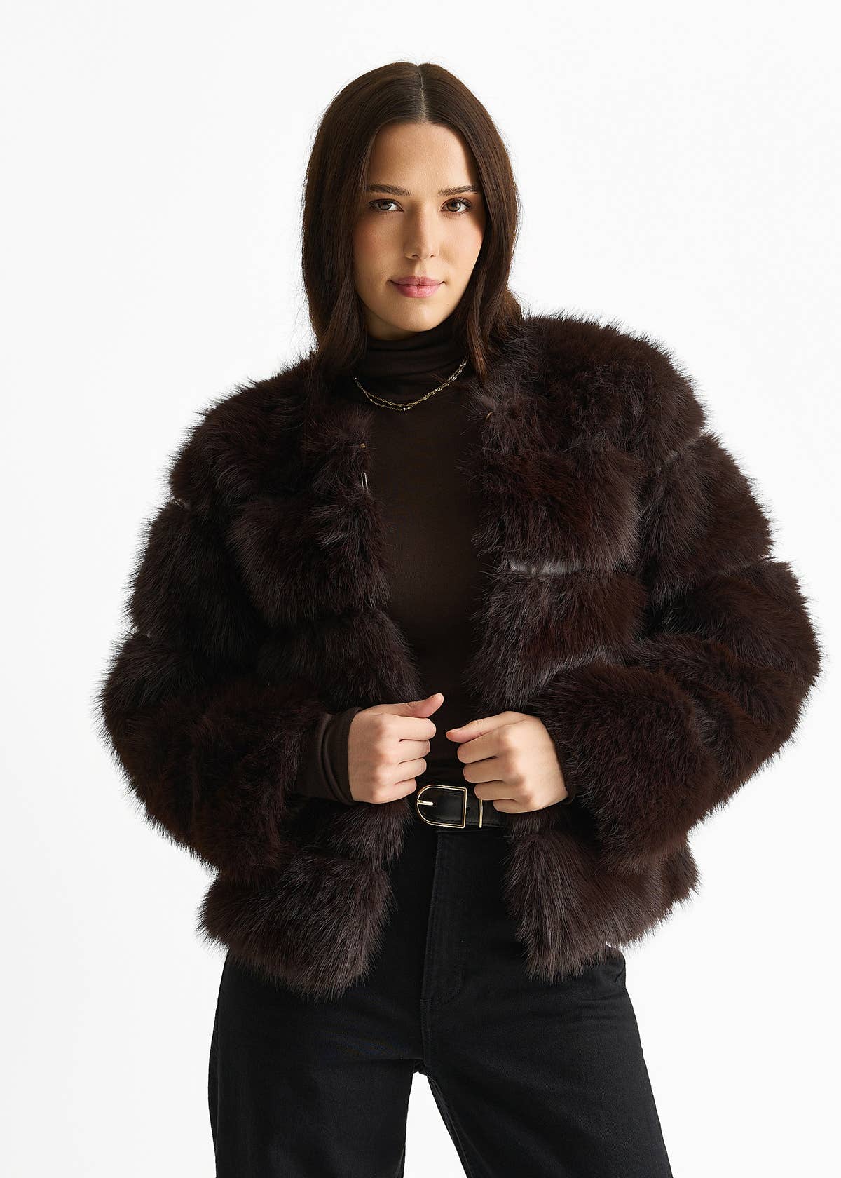 Chocolate Soft Touch Fur Jacket – View 3 | Gini London