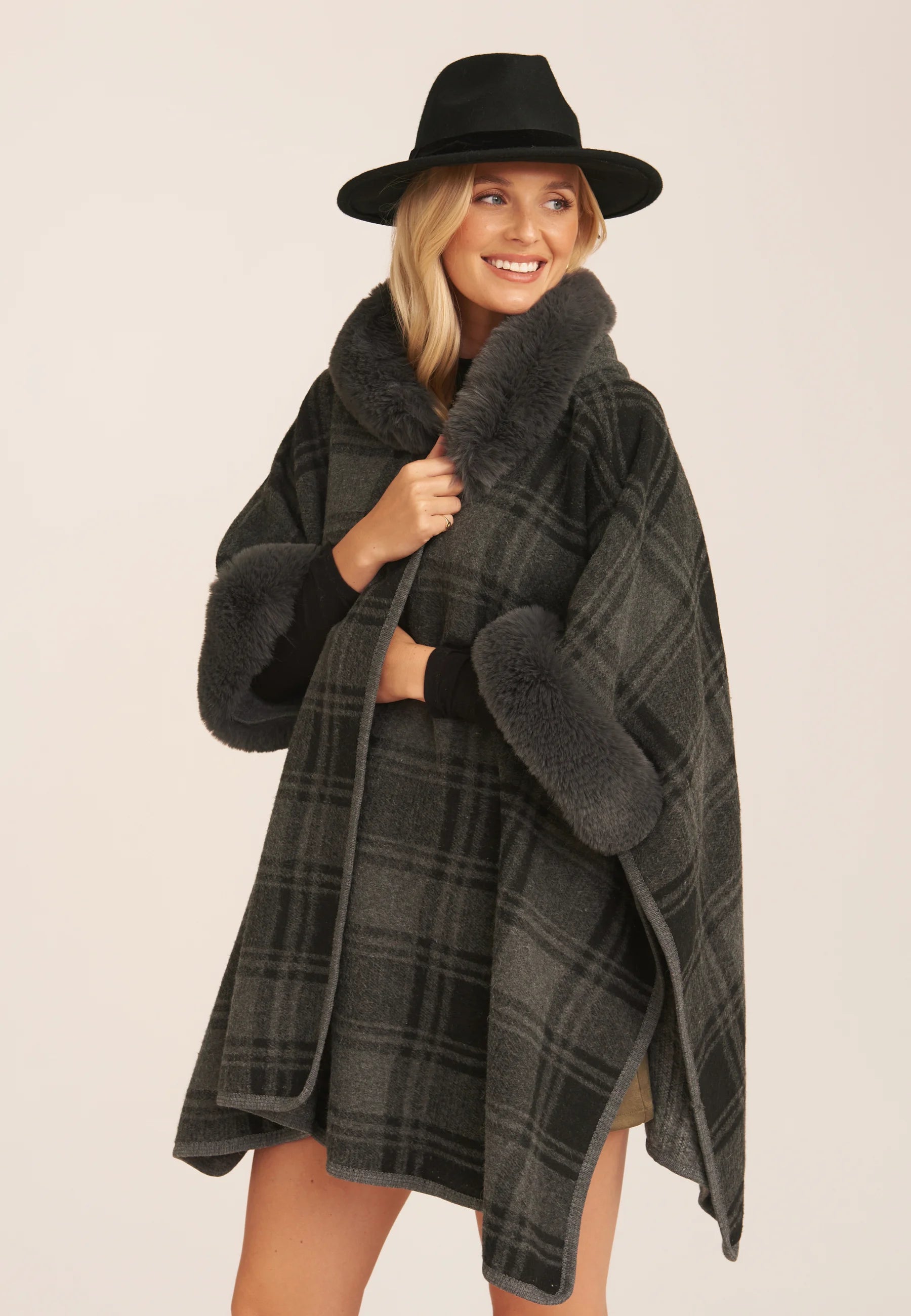 Grey Fur Trim Check Longline Cape