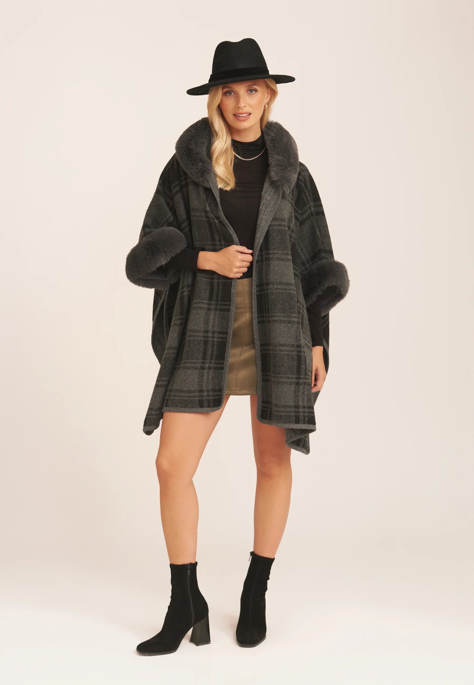 Grey Fur Trim Check Longline Cape