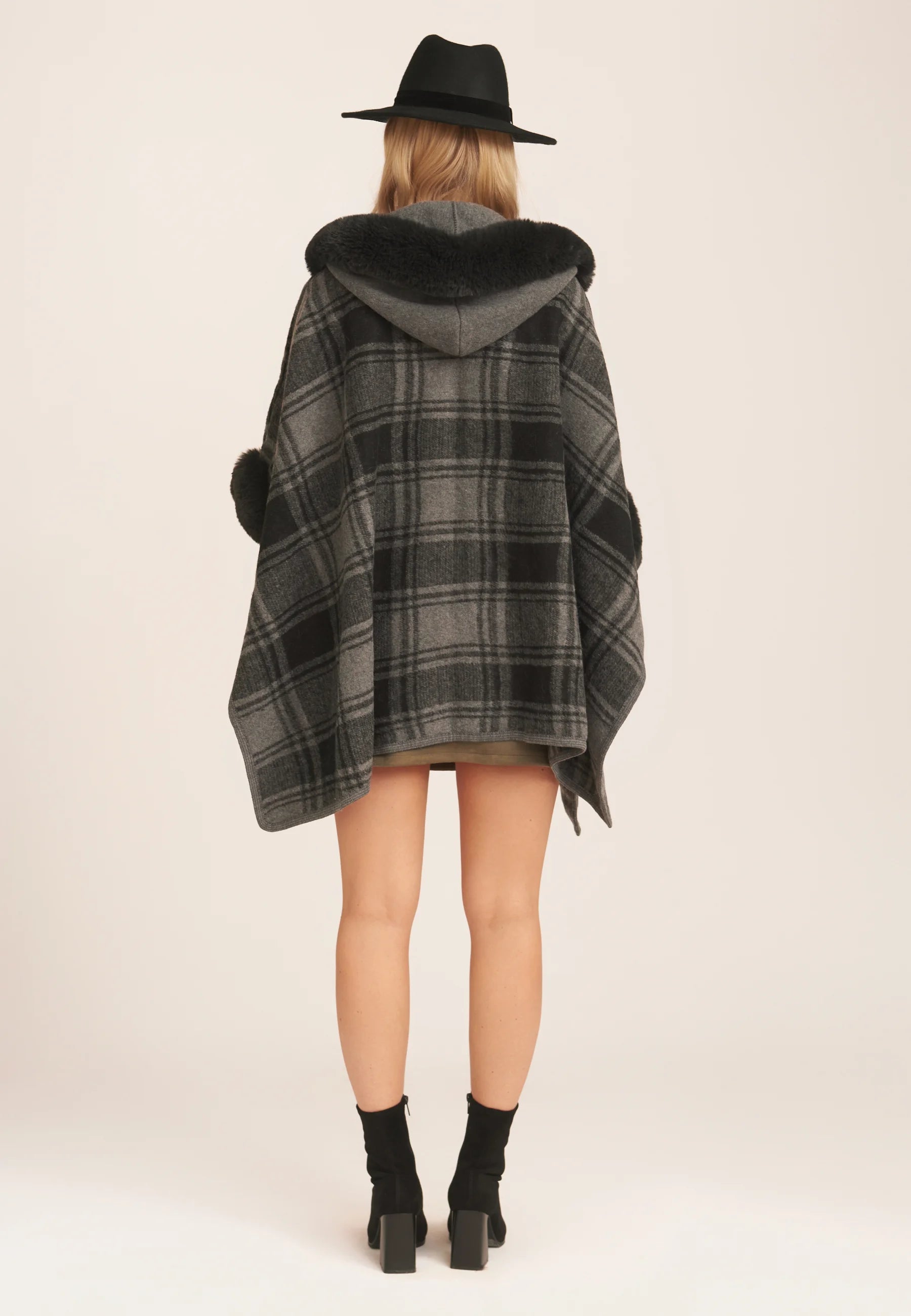 Grey Fur Trim Check Longline Cape