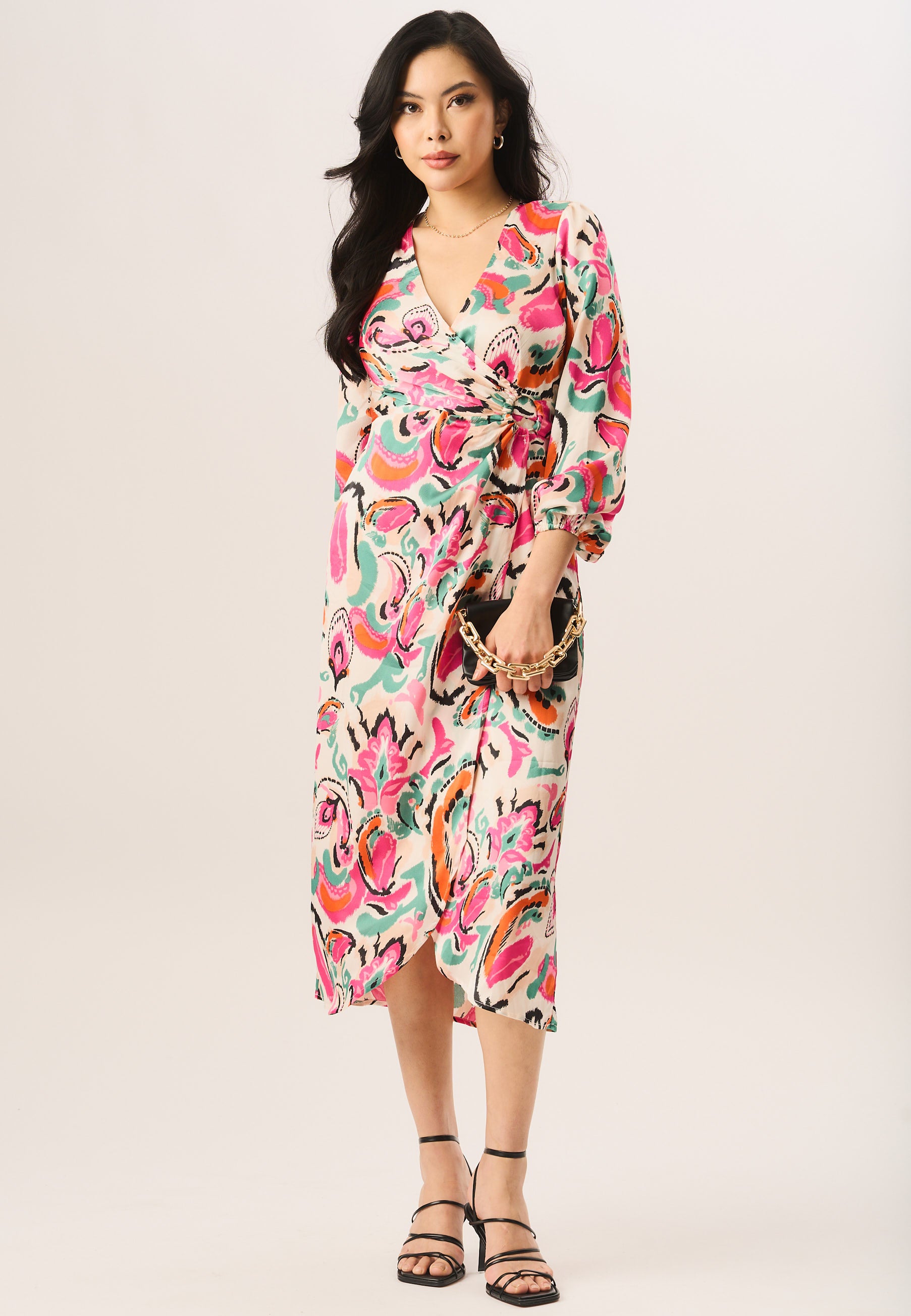 Multi Print Wrap Midi Dress