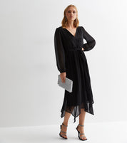 Black Pleated Hanky Hem Wrap Midi Dress