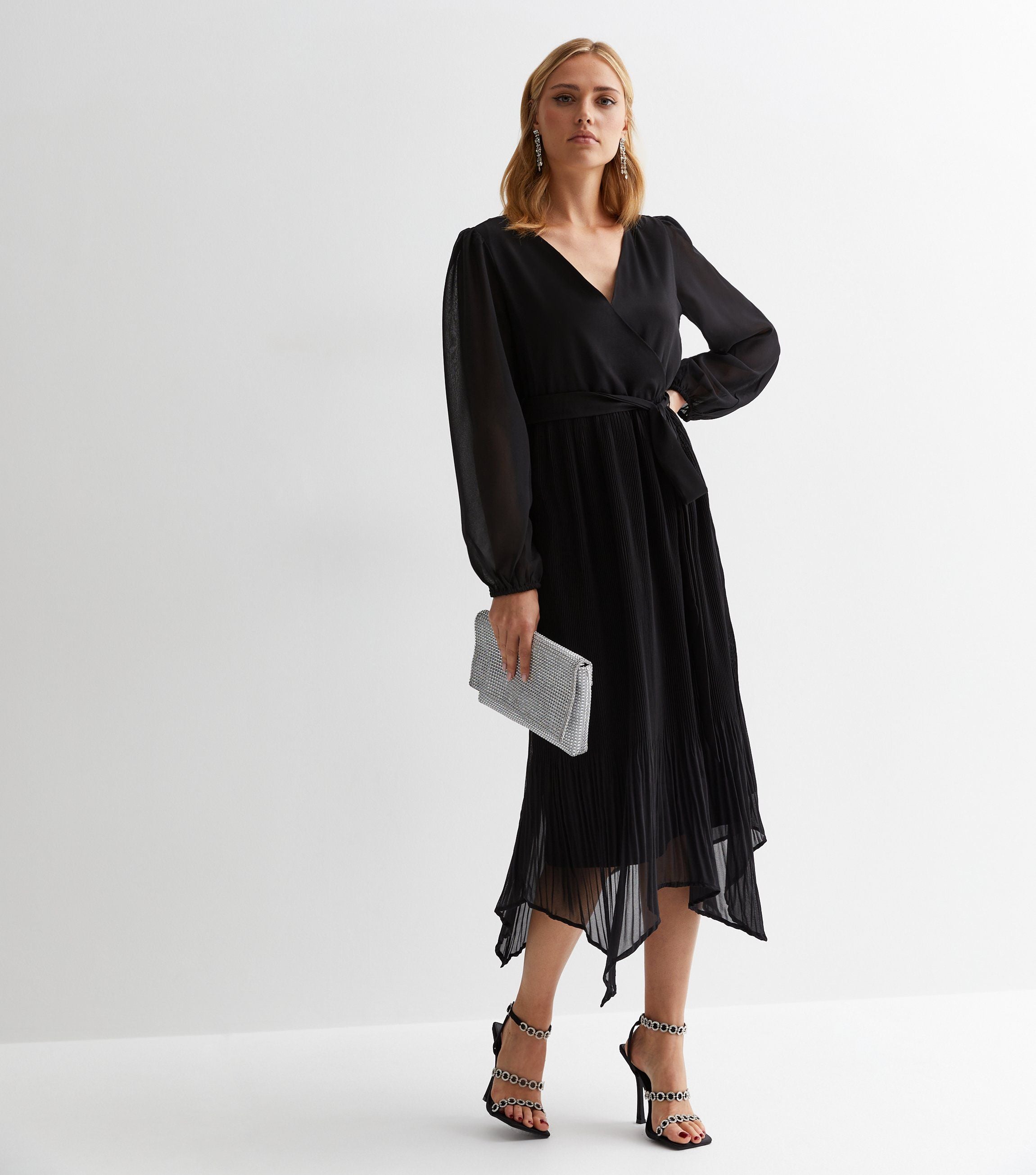 Black Pleated Hanky Hem Wrap Midi Dress