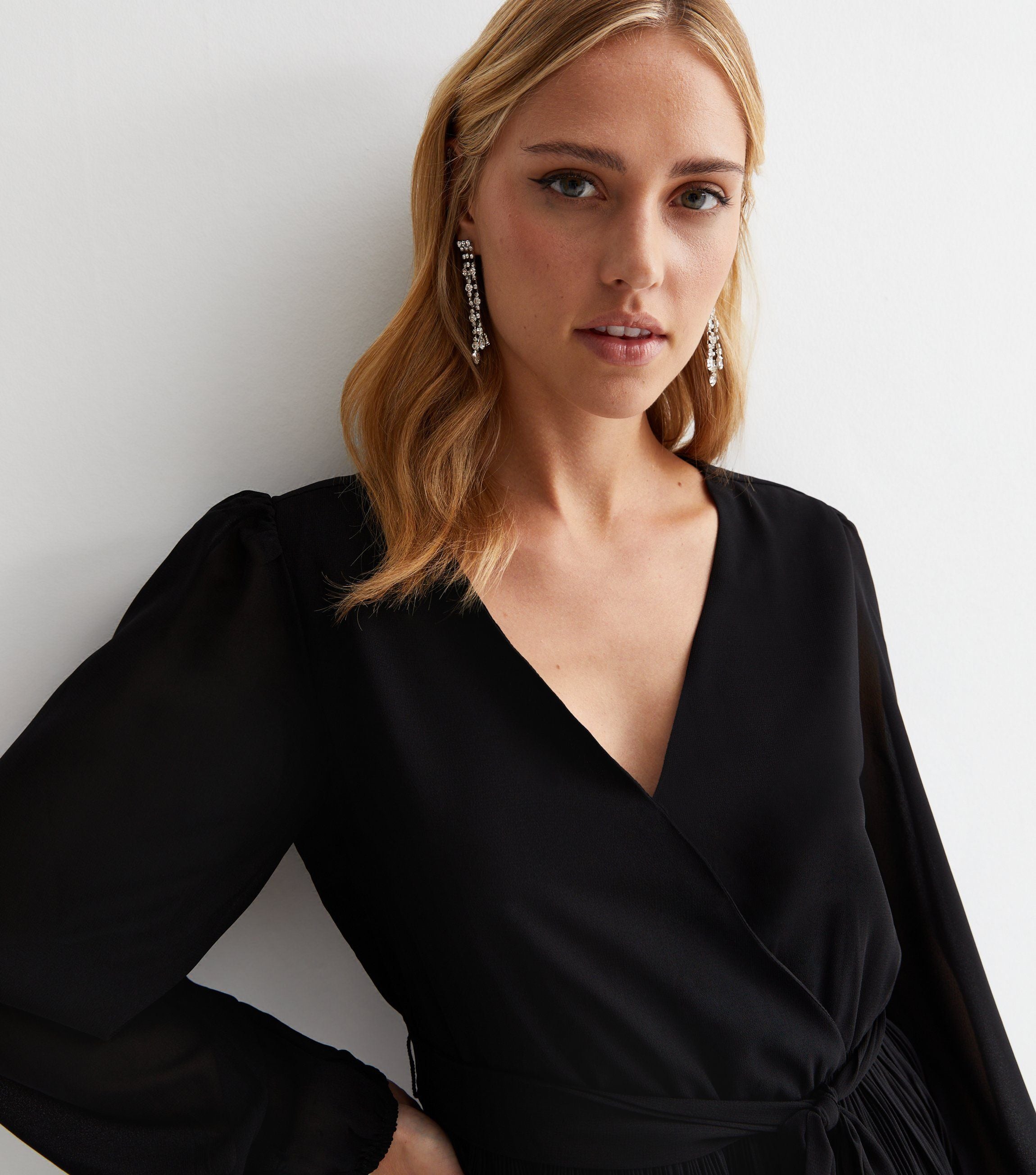 Black Pleated Hanky Hem Wrap Midi Dress