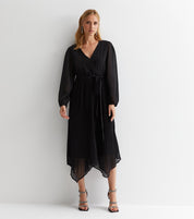 Black Pleated Hanky Hem Wrap Midi Dress