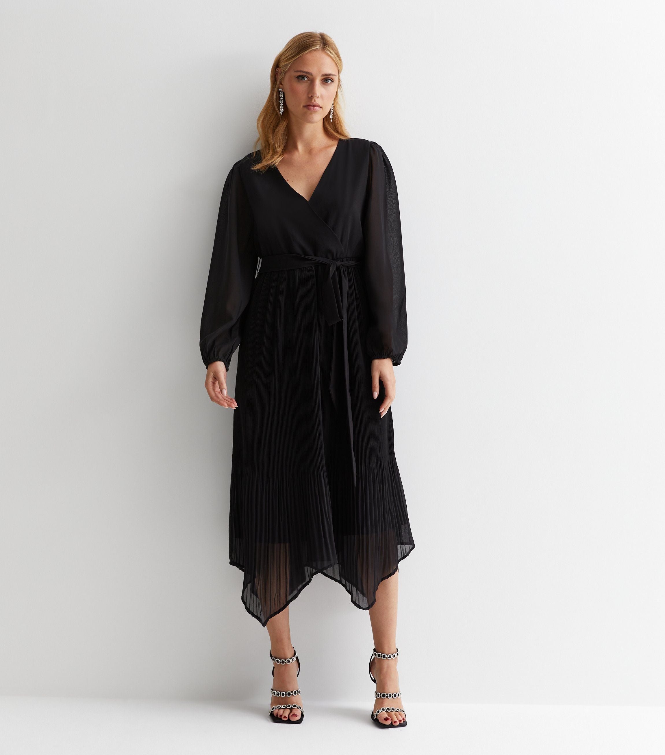 Black Pleated Hanky Hem Wrap Midi Dress