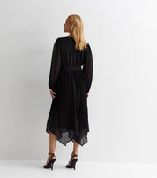 Black Pleated Hanky Hem Wrap Midi Dress