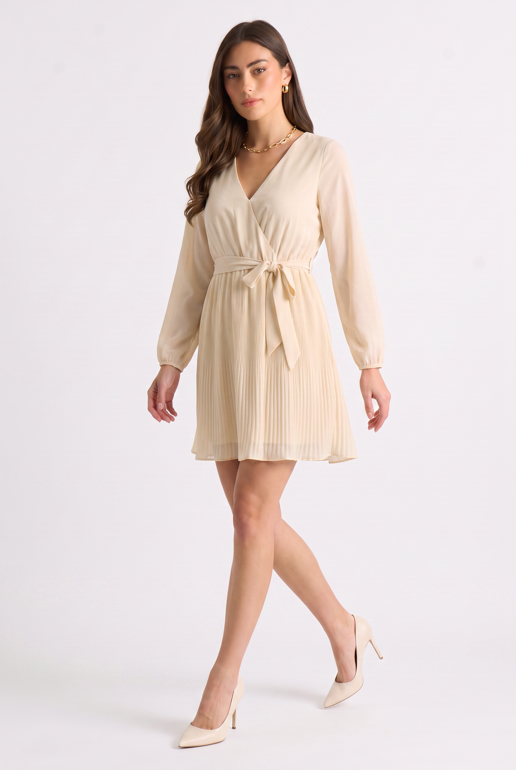 Cream Pleated Long Sleeve Wrap Mini Dress