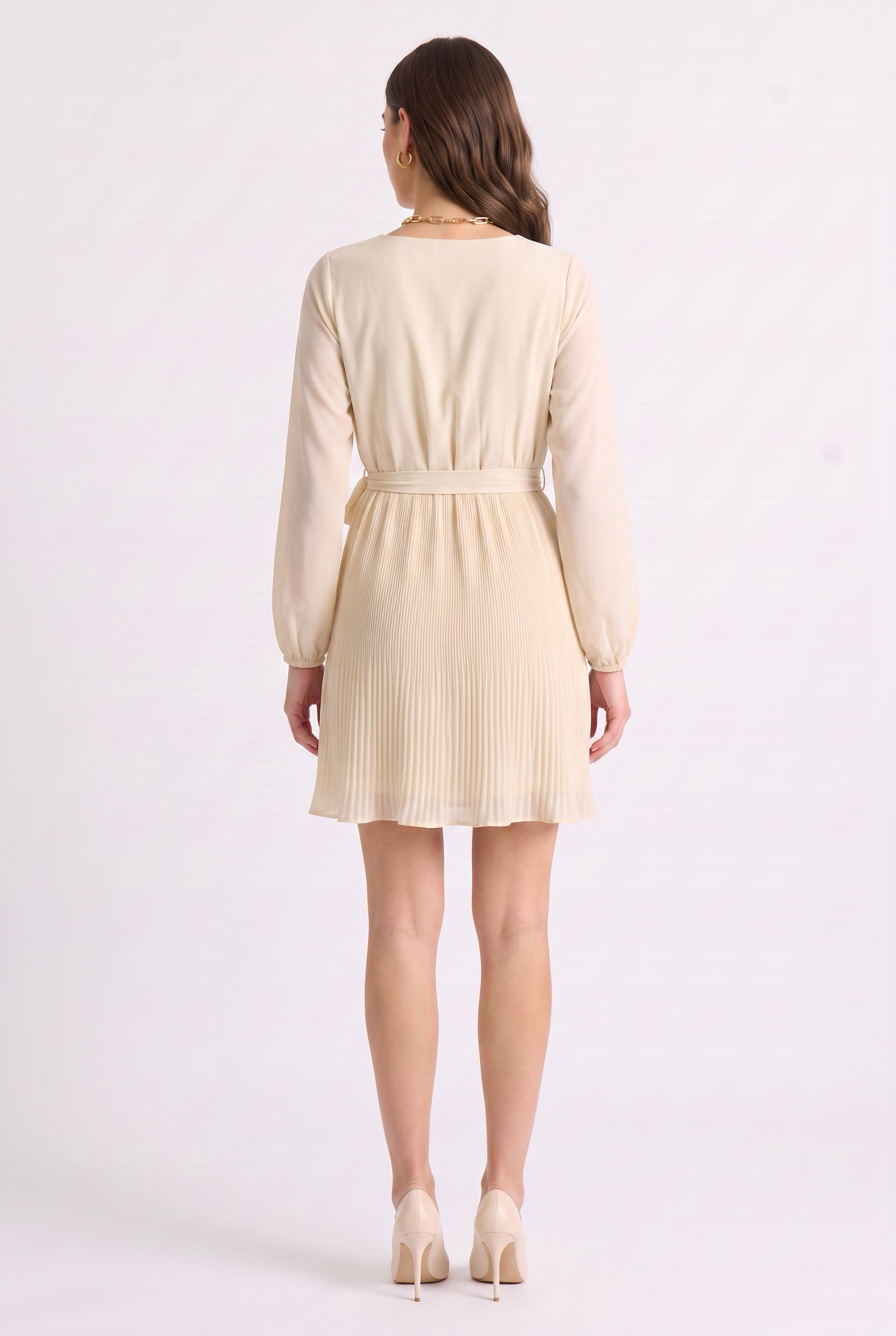 Cream Pleated Long Sleeve Wrap Mini Dress