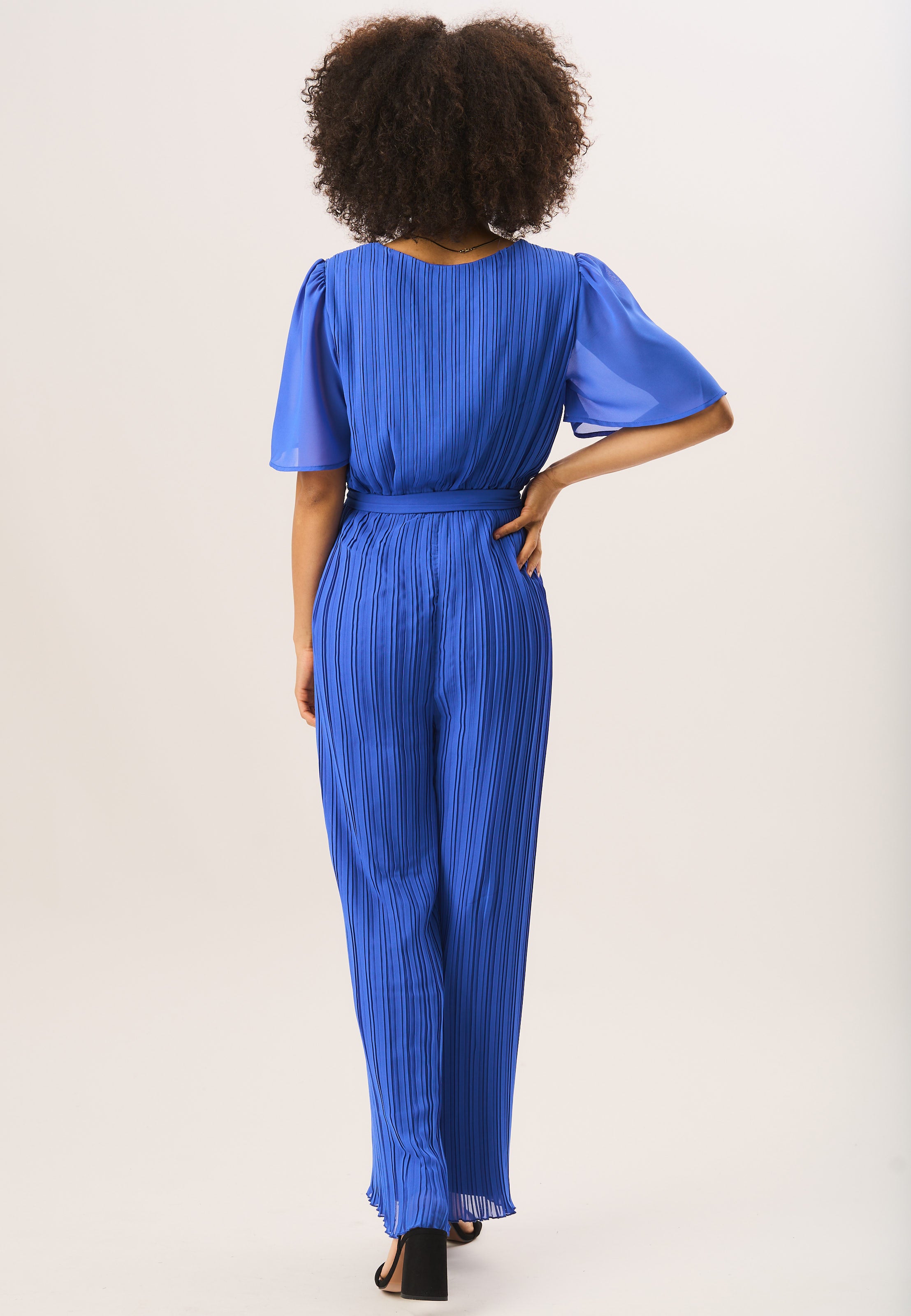 Blue Angel Sleeves Pleated Belted Wrap Jumpsuit