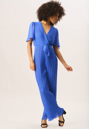 Blue Angel Sleeves Pleated Belted Wrap Jumpsuit