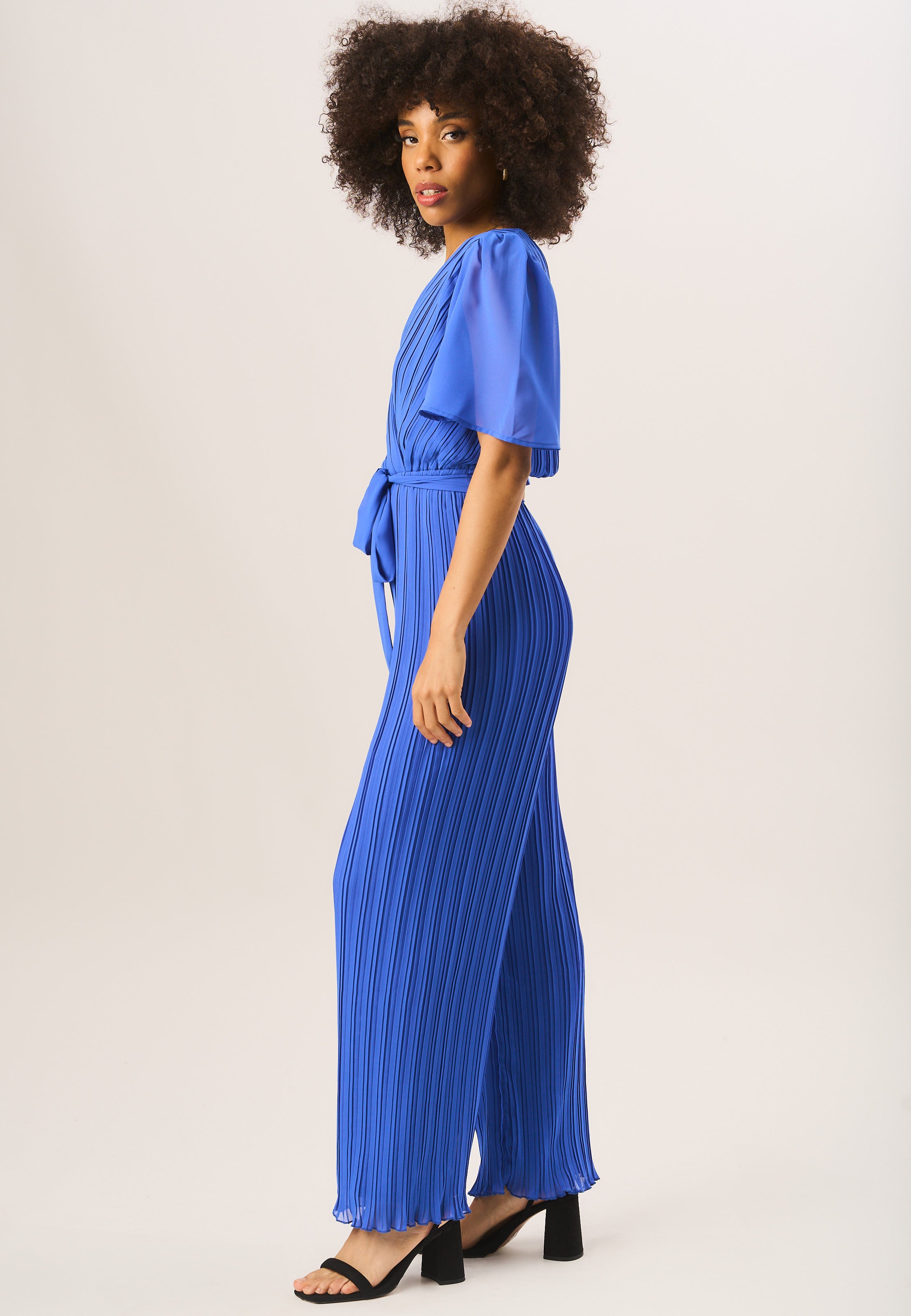 Blue Angel Sleeves Pleated Belted Wrap Jumpsuit