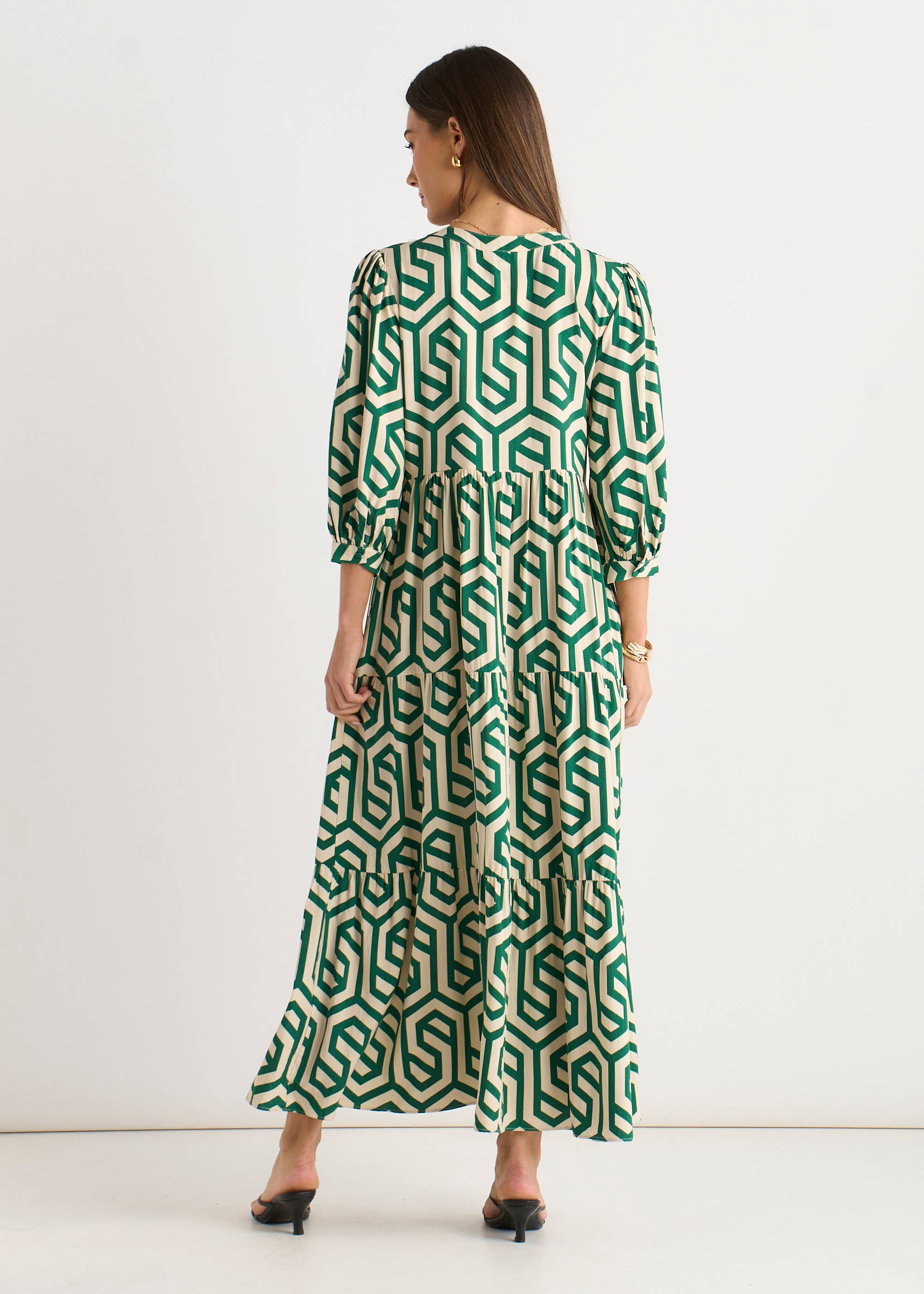 Green Geo Print Smock Midi Dress