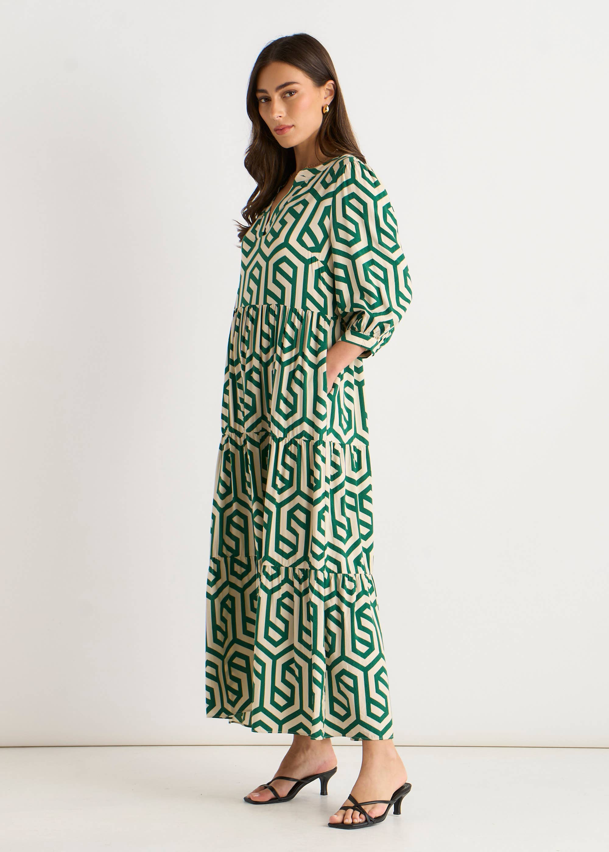 Green Geo Print Smock Midi Dress