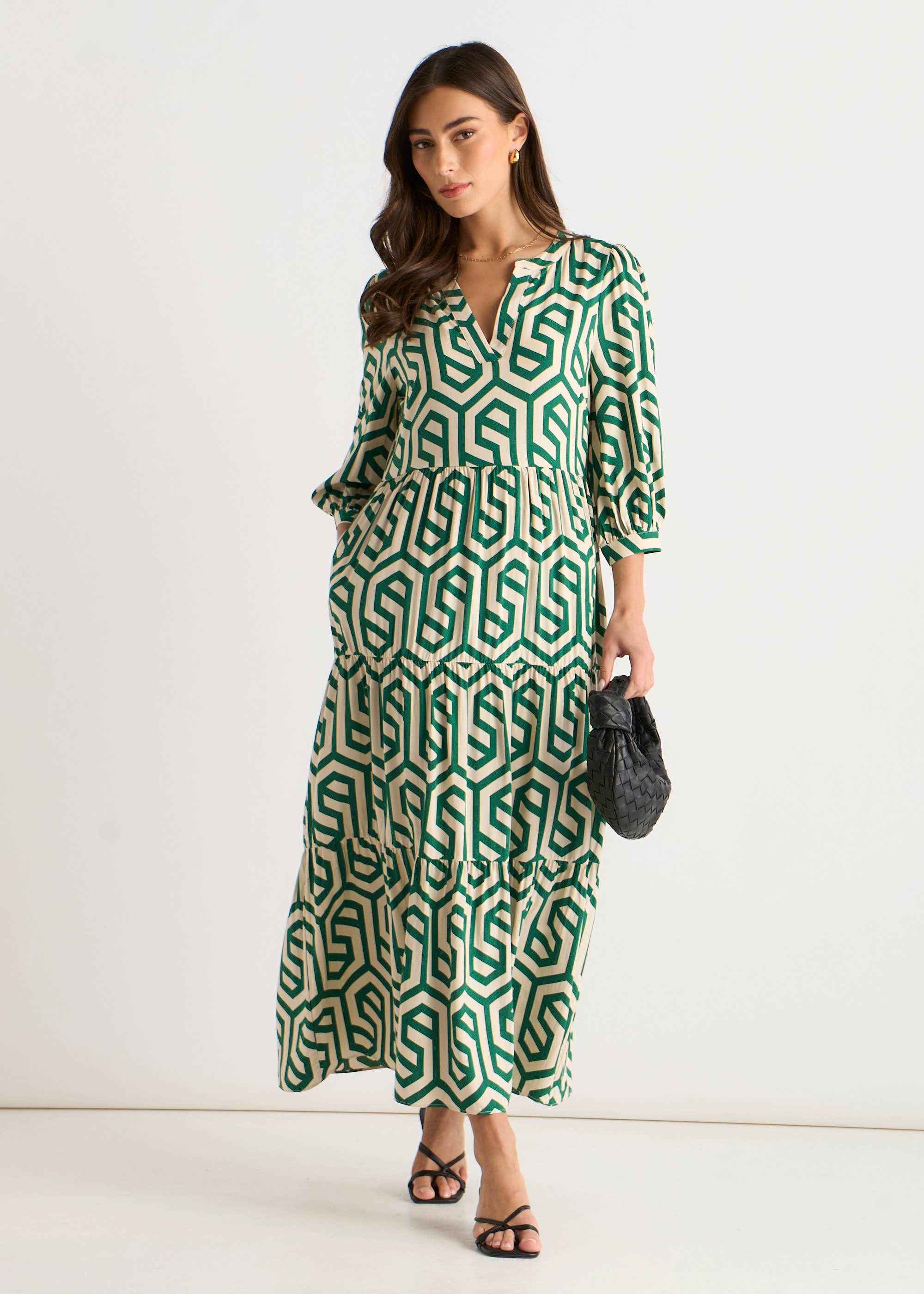 Green Geo Print Smock Midi Dress Gini London Green Geo Print Smock Midi Dress Gini London