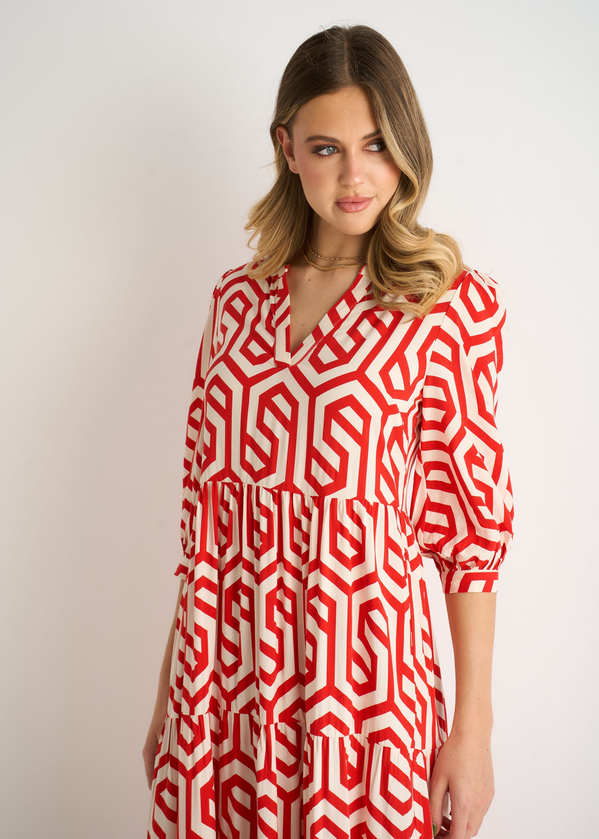 Red Geo Print Smock Midi Dress