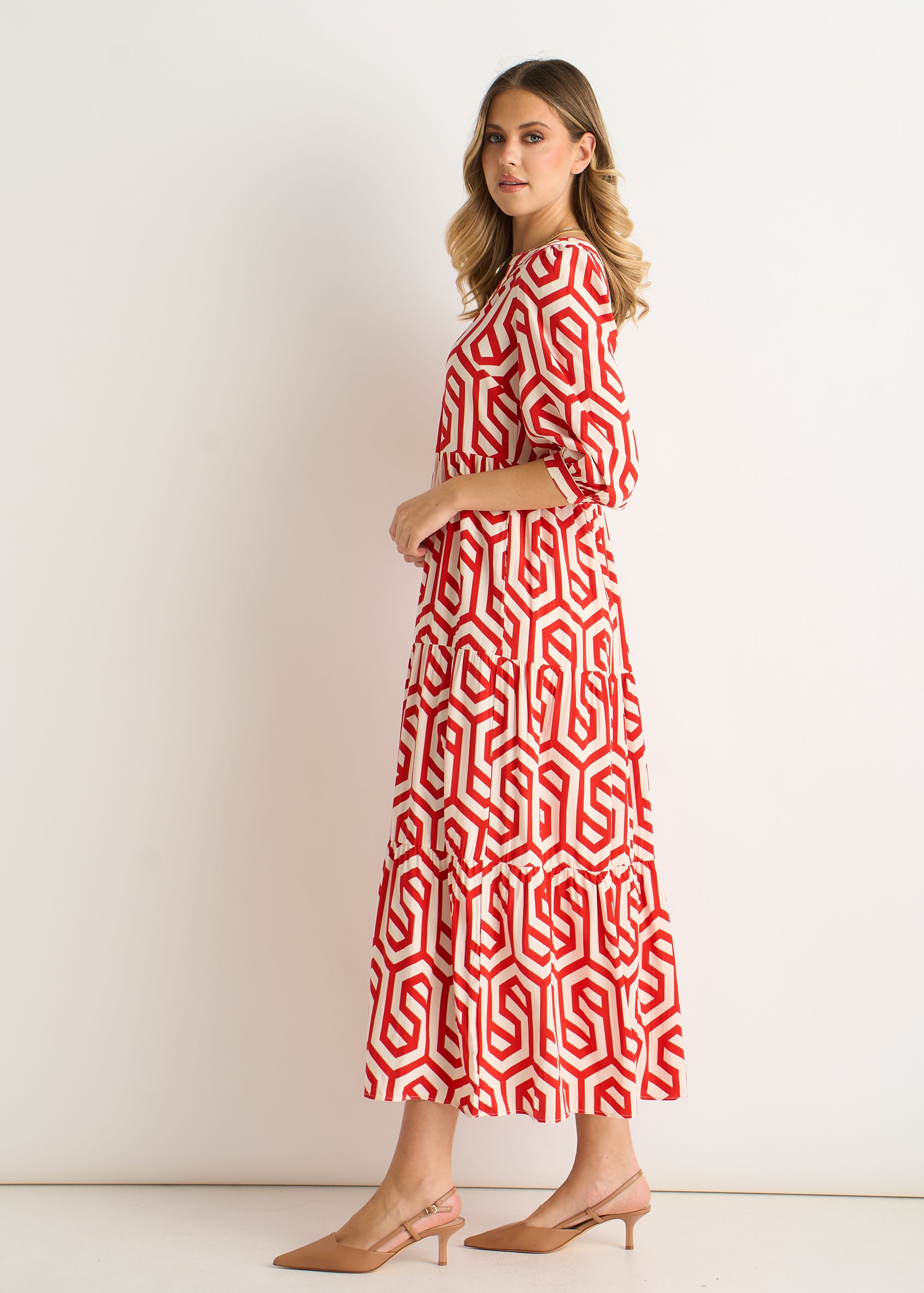 Red Geo Print Smock Midi Dress