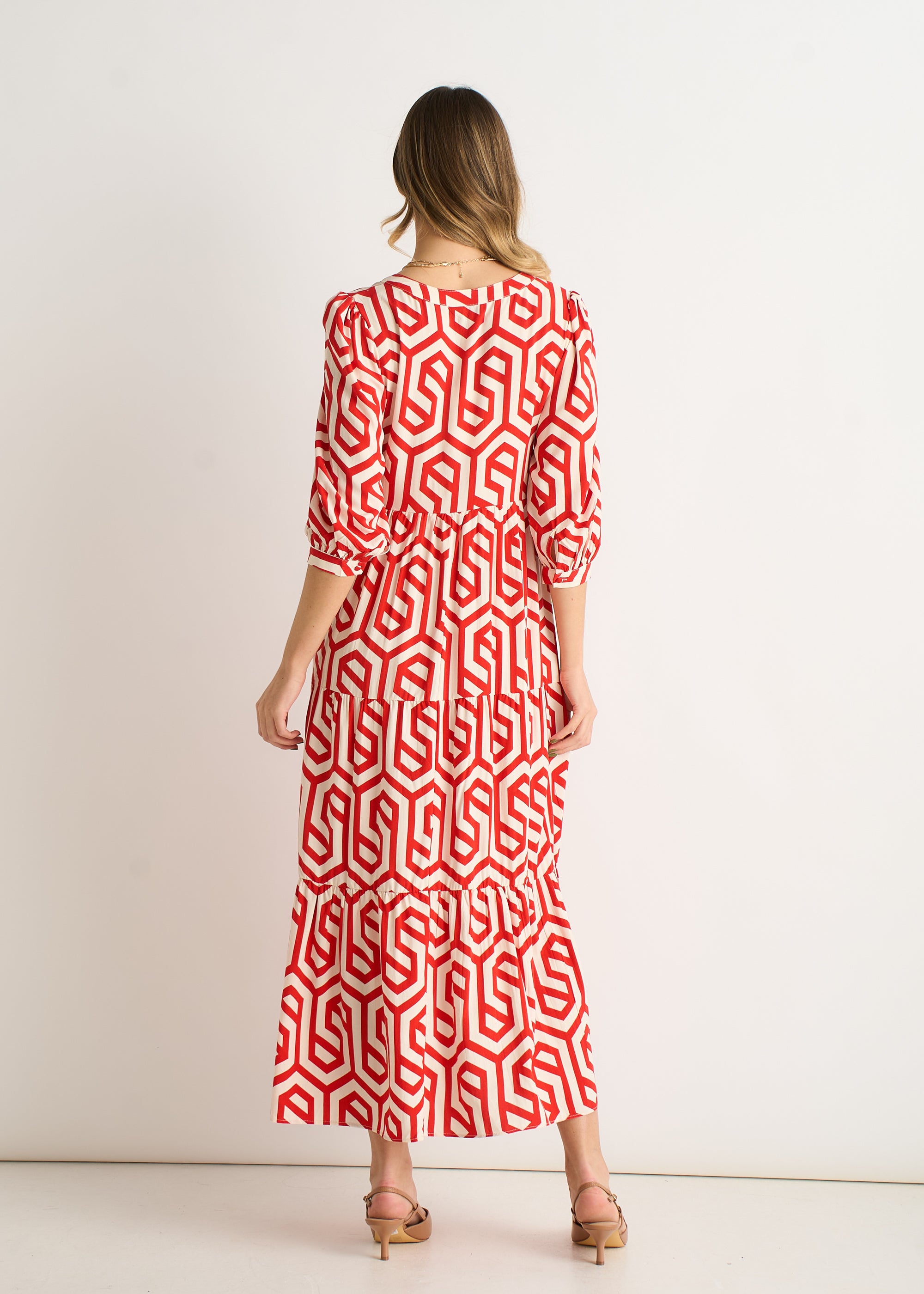 Red Geo Print Smock Midi Dress