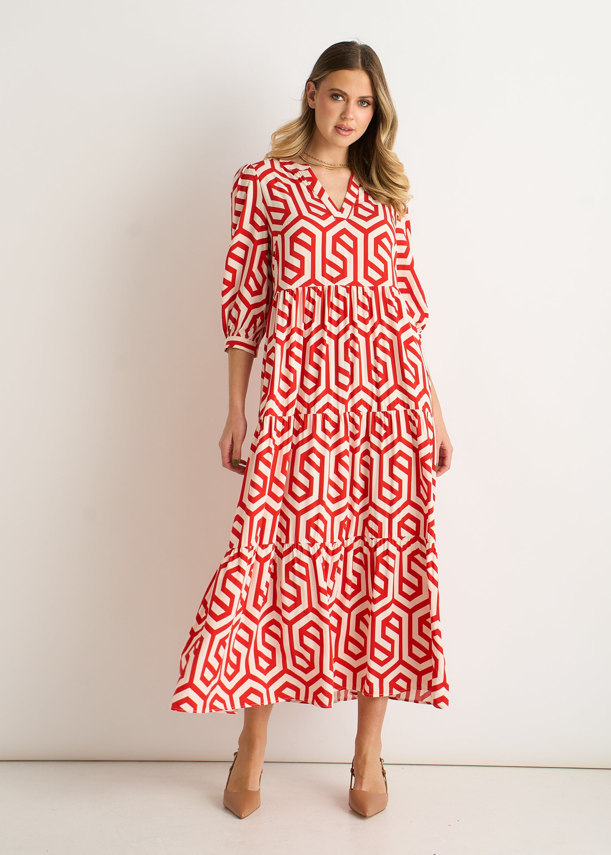 Red Geo Print Smock Midi Dress