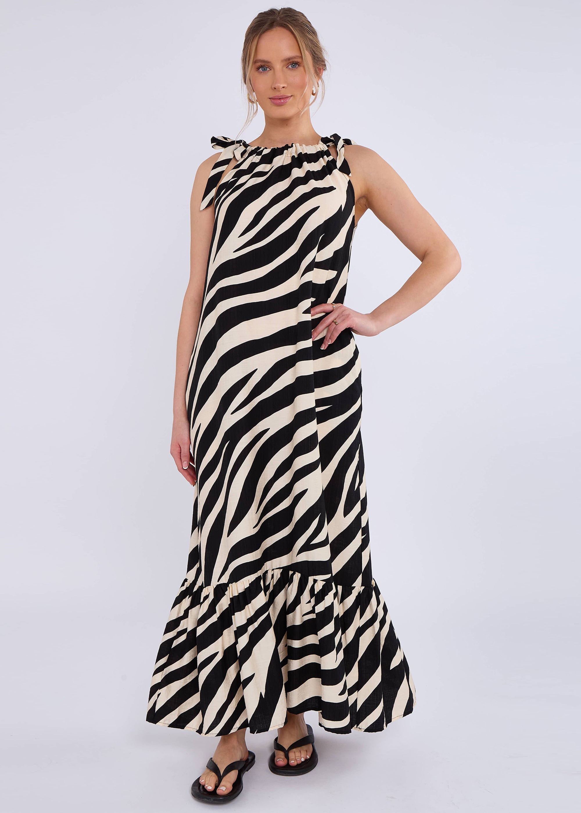 Mono Zebra Print Tie Shoulder Maxi Dress