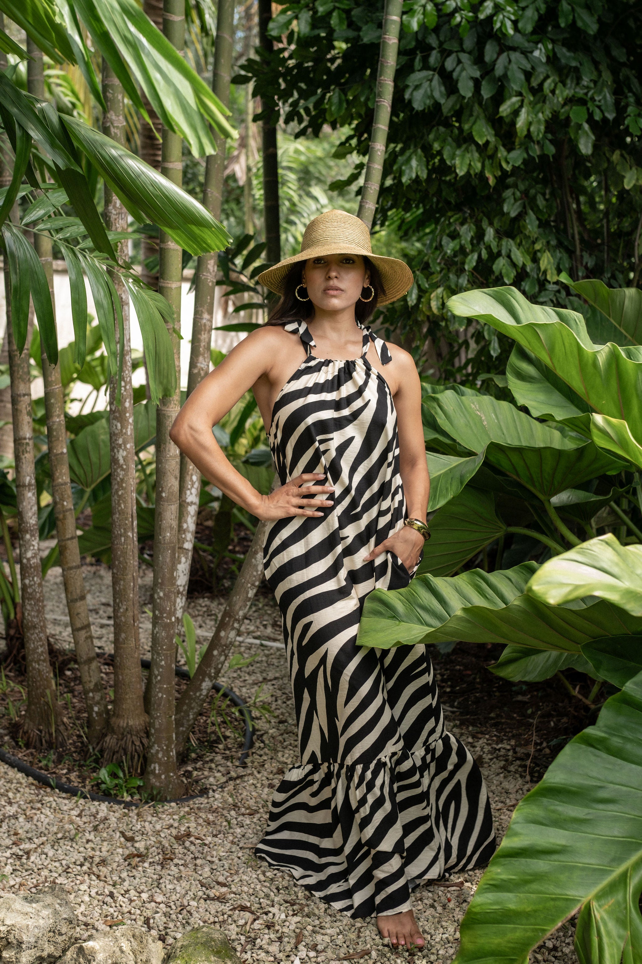 Mono Zebra Print Tie Shoulder Maxi Dress