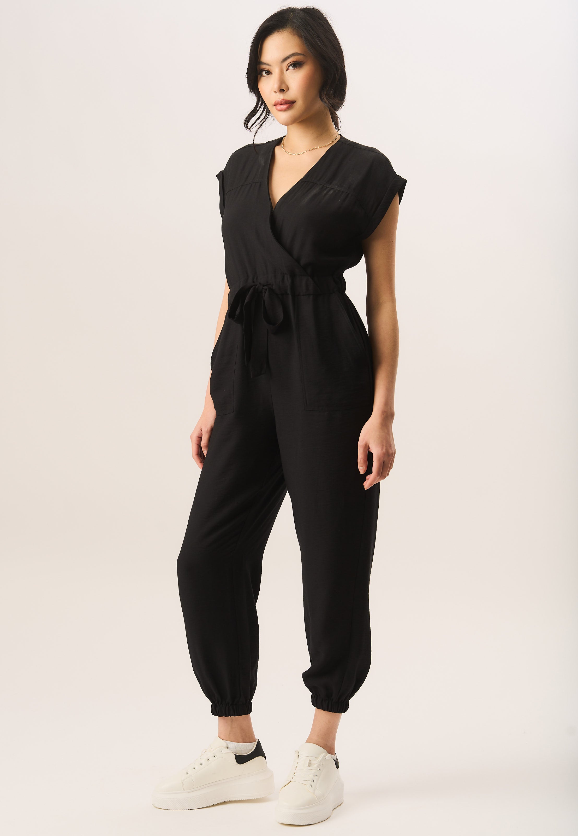 Black Waist Tie Pocket Detail Jumpsuit