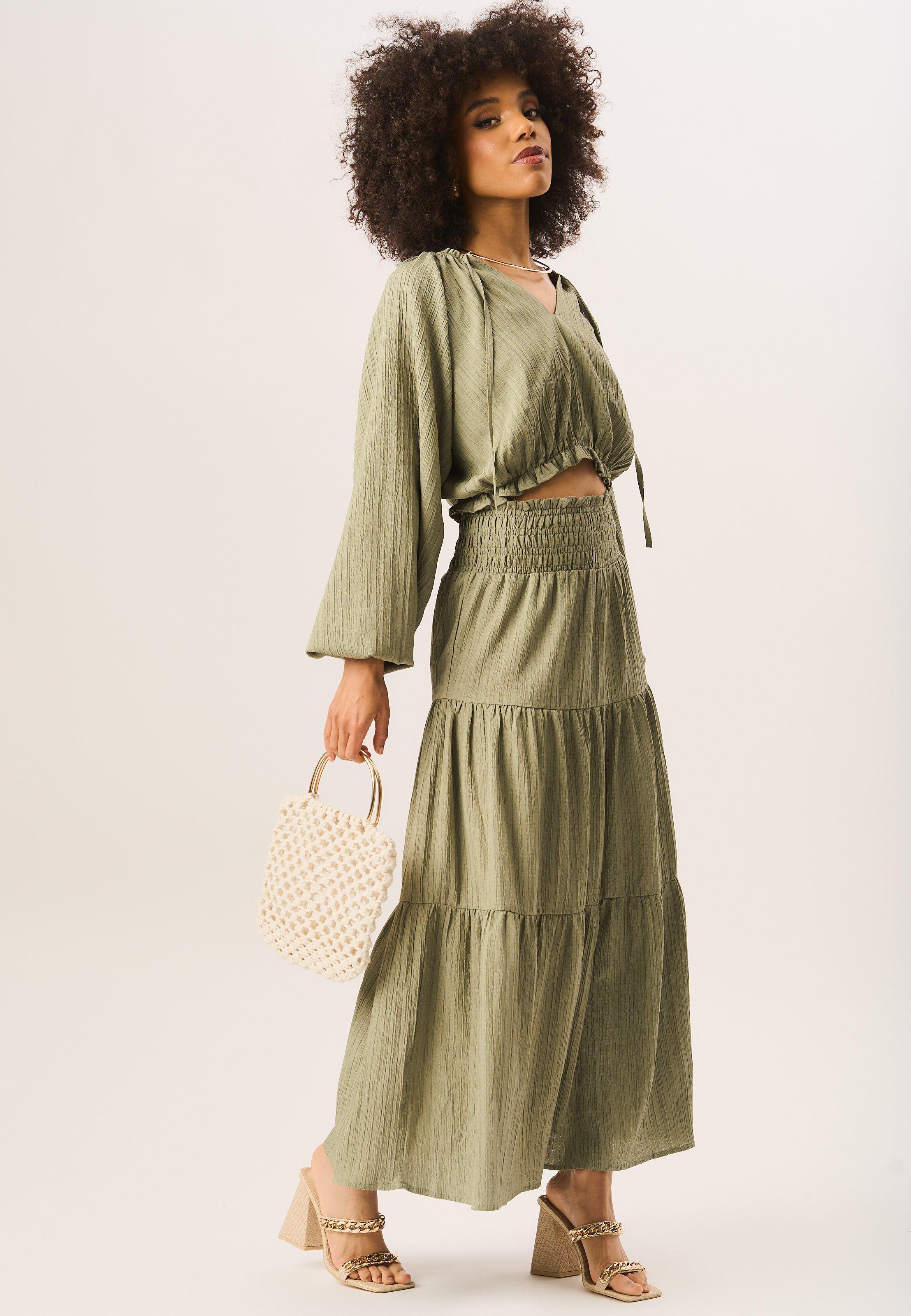 Khaki Smocked Tiered Maxi Skirt