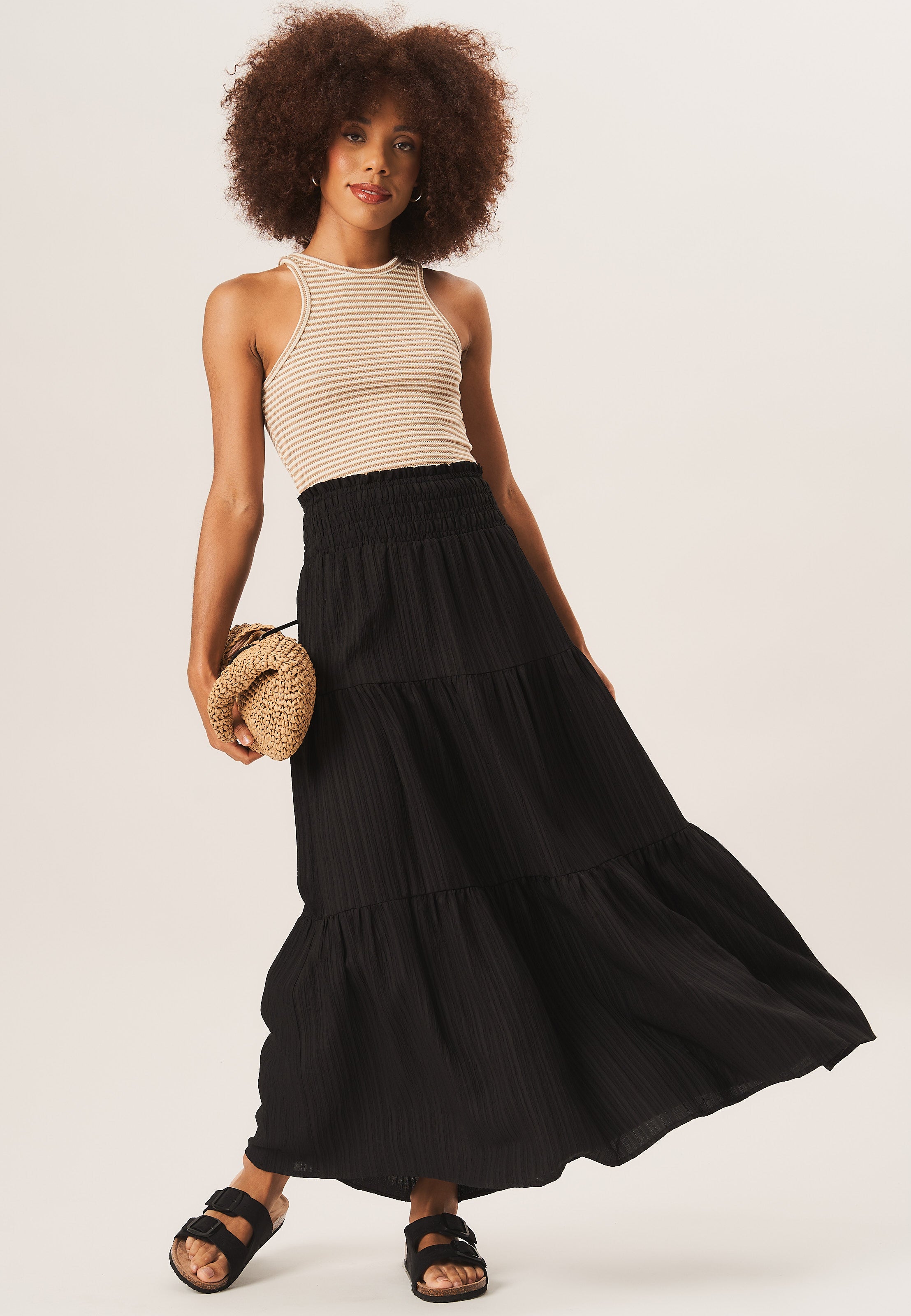 Black Smocked Tiered Maxi Skirt