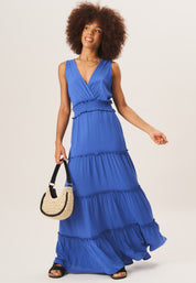 Blue Shirred Waist Wrap Tiered Midi Dress