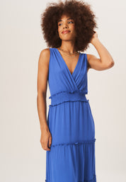 Blue Shirred Waist Wrap Tiered Midi Dress