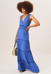 Blue Shirred Waist Wrap Tiered Midi Dress