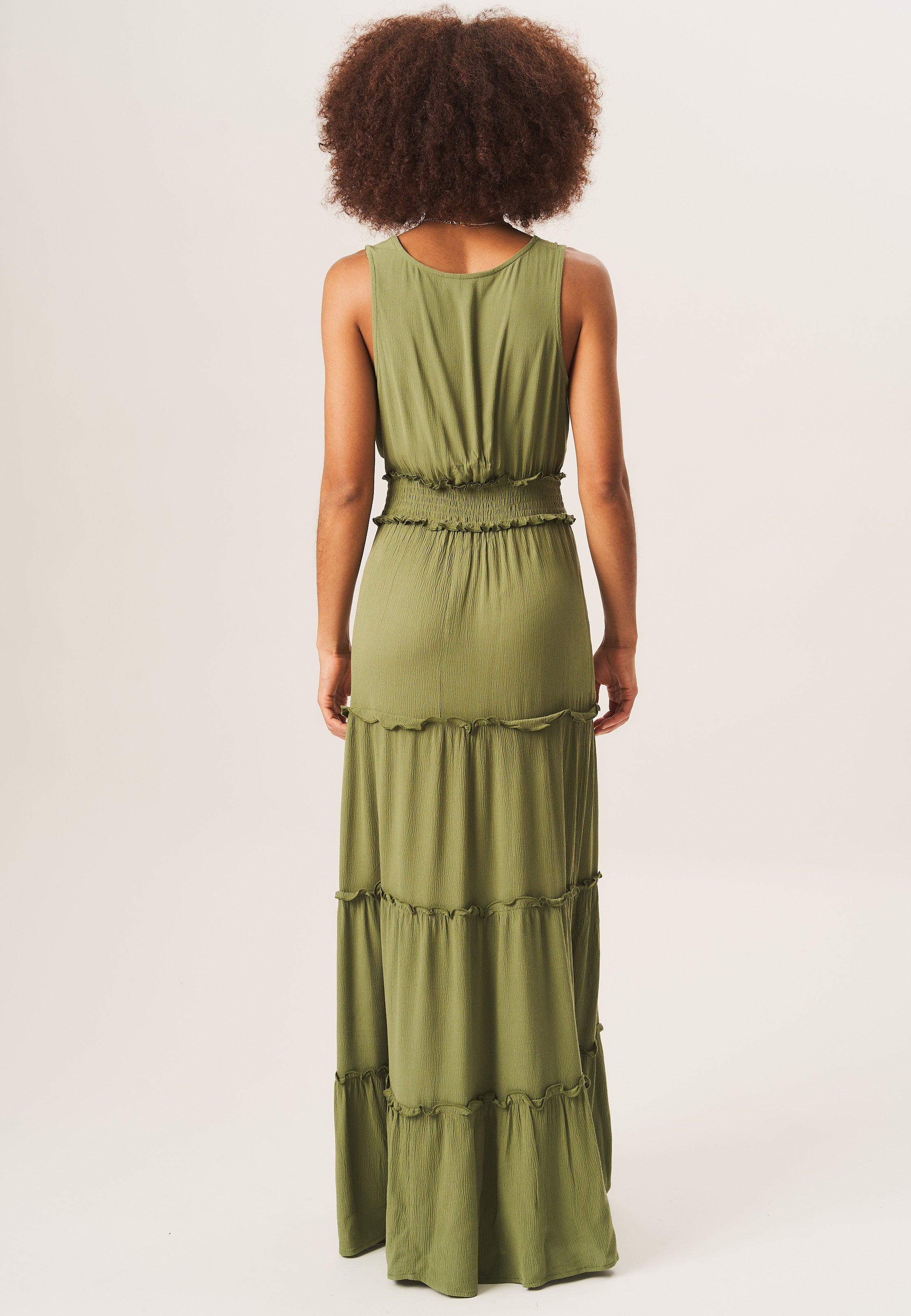 Khaki Shirred Waist Wrap Tiered Midi Dress