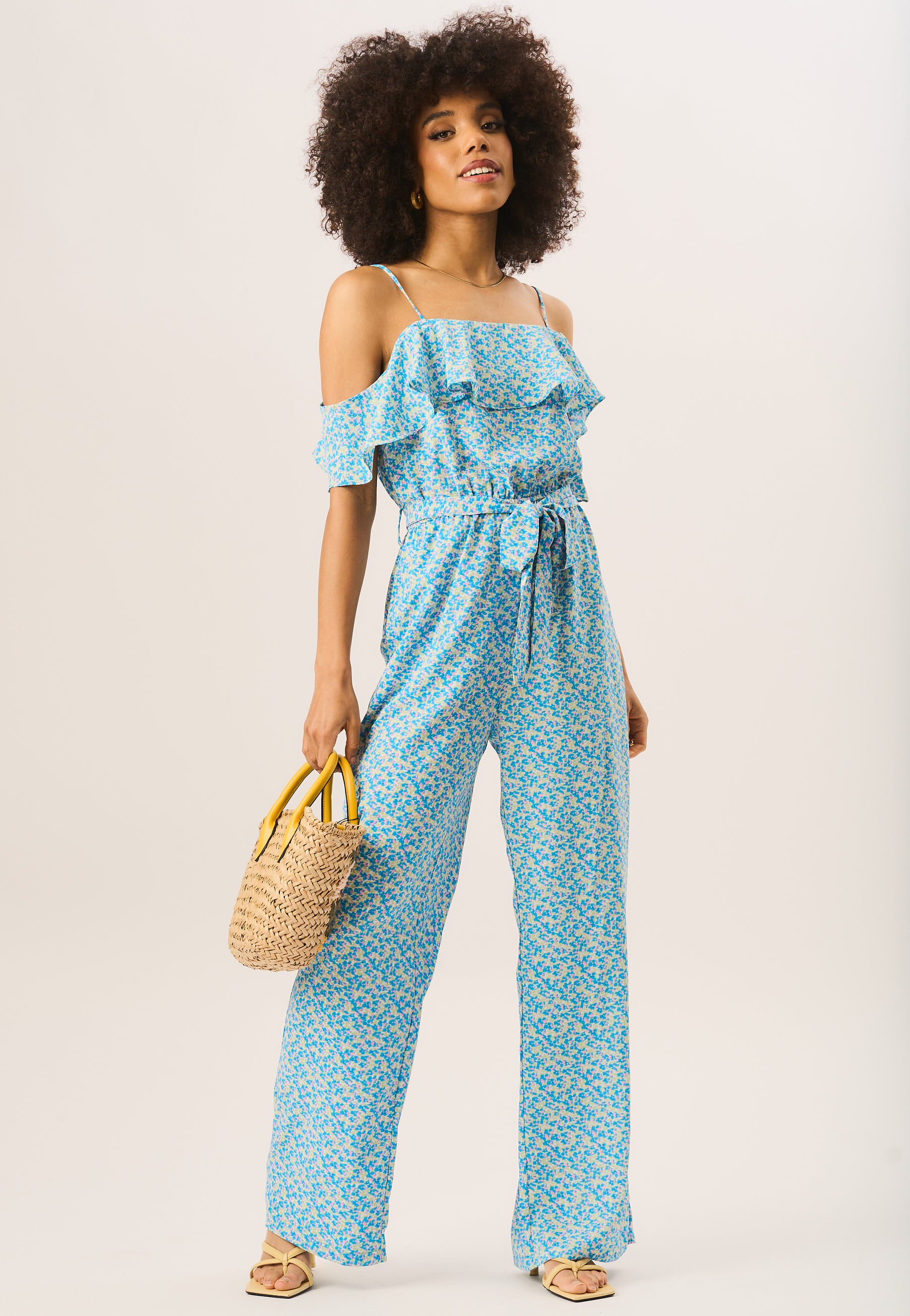 Blue Ruffle Cold Shoulder Jumpsuit