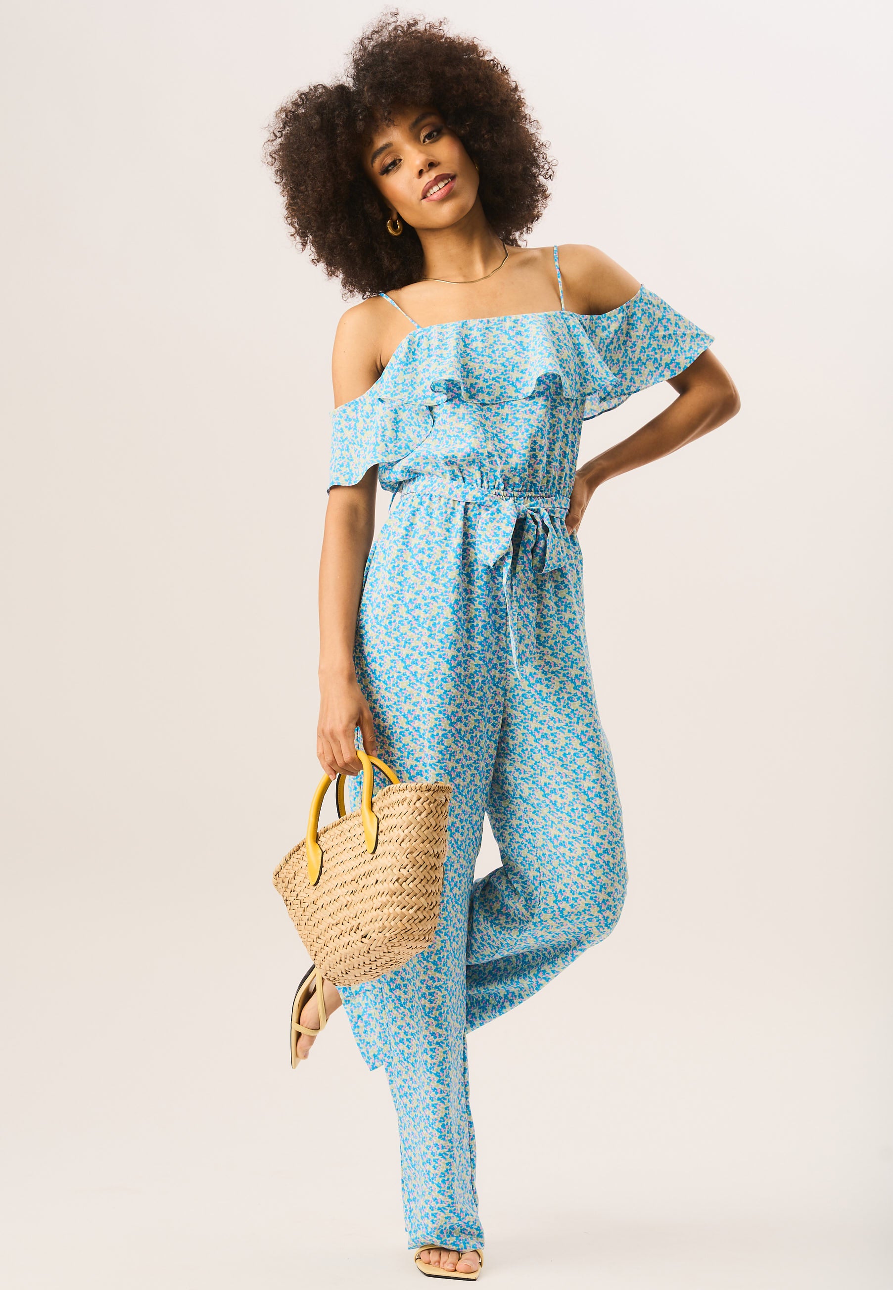 Blue Ruffle Cold Shoulder Jumpsuit