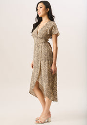 Beige Animal Printed Wrap Midi Dress