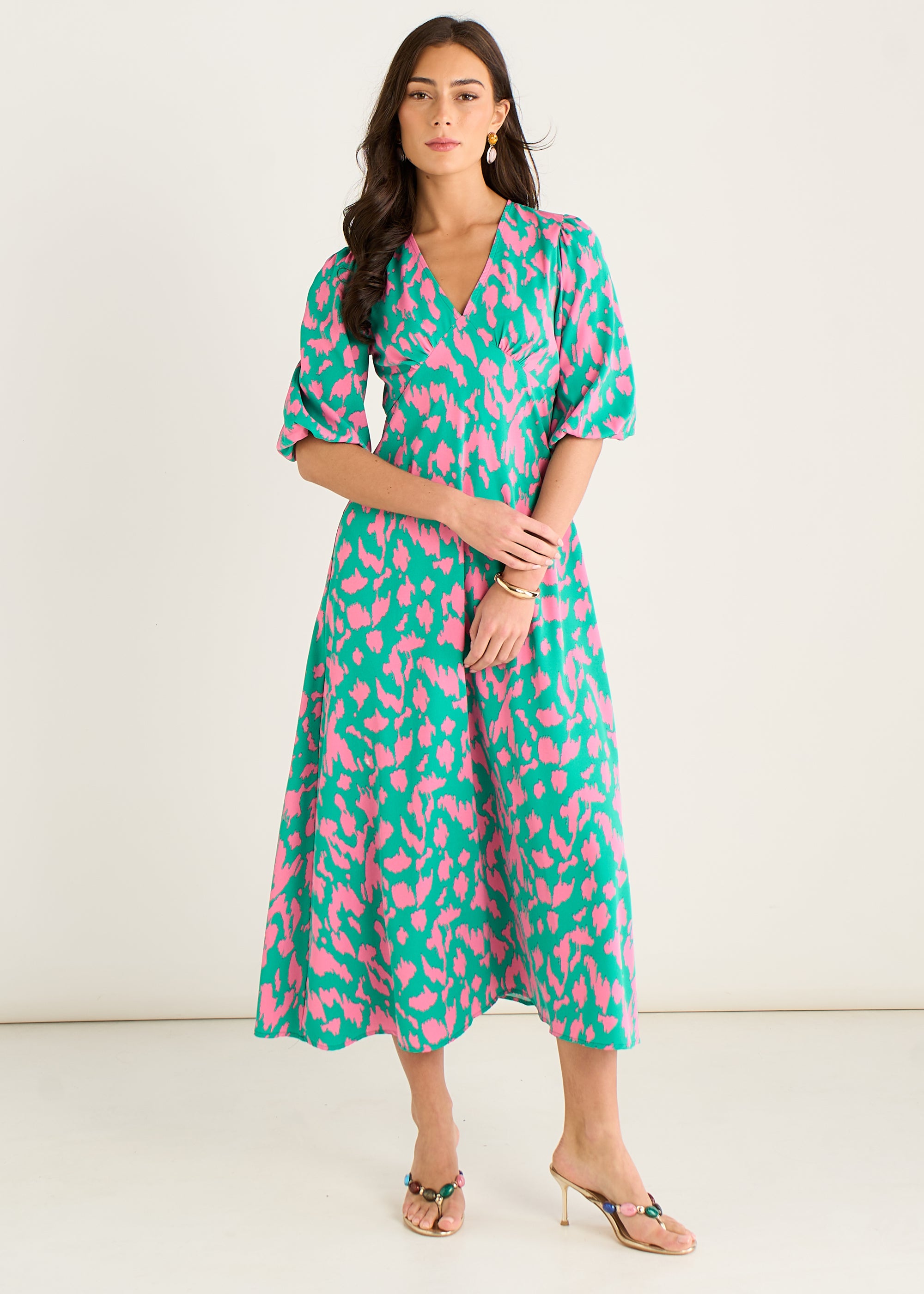 Animal Print V Neck Shift Midi Dress