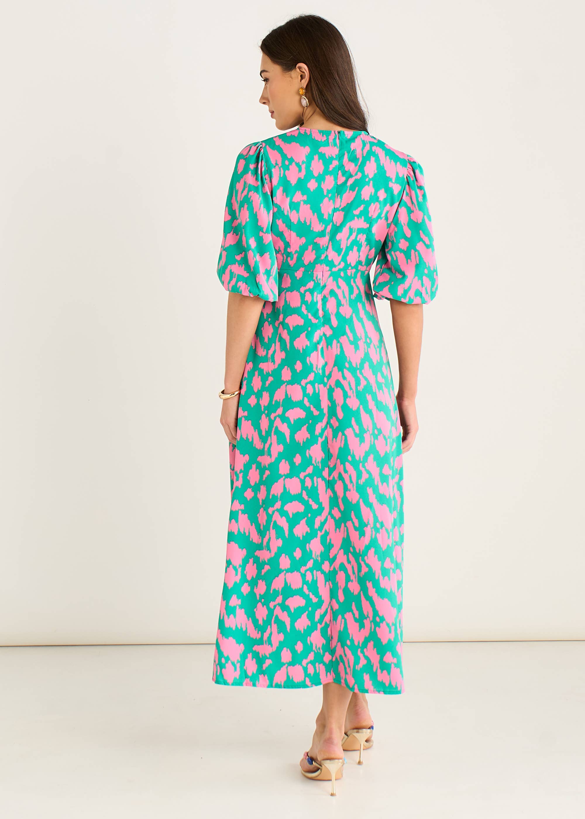 Green Animal Print V Neck Shift Midi Dress
