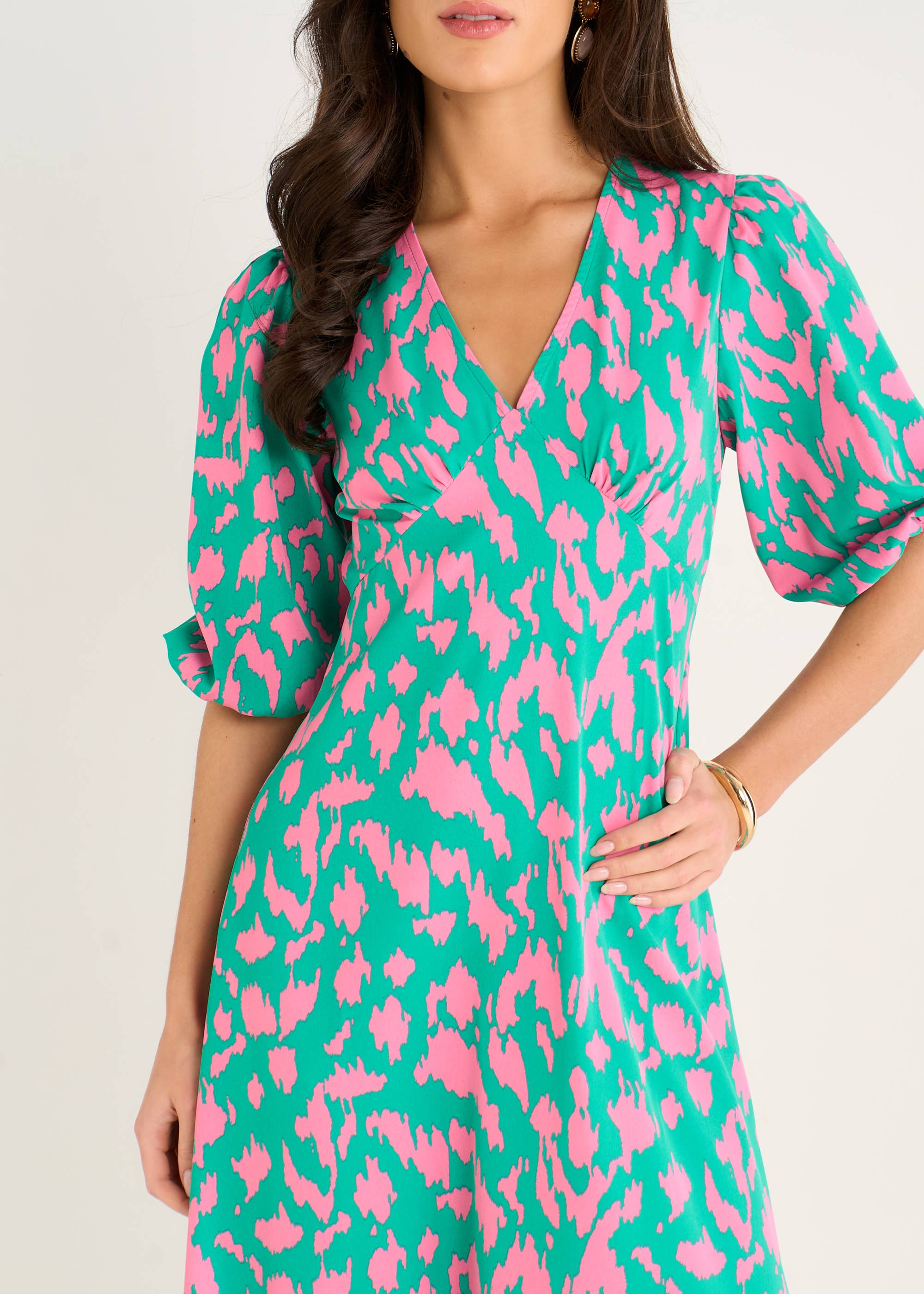Green Animal Print V Neck Shift Midi Dress
