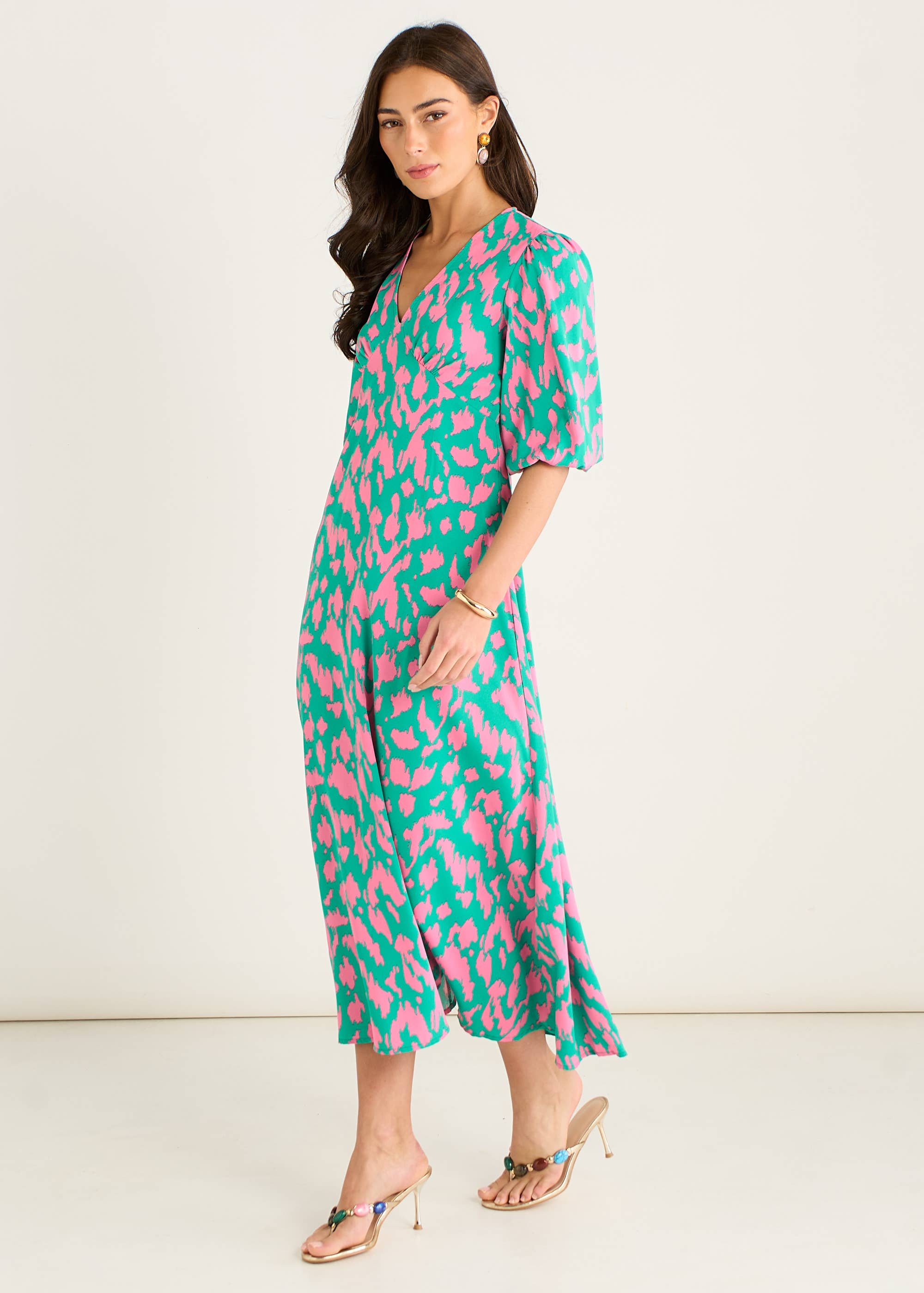 Green Animal Print V Neck Shift Midi Dress