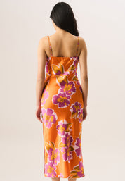 Orange Floral Print Cowl Neck Slip Midi Dress