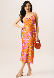 Orange Floral Print Cowl Neck Slip Midi Dress