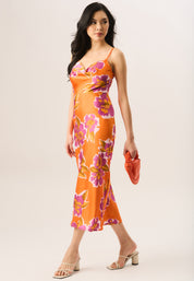 Orange Floral Print Cowl Neck Slip Midi Dress