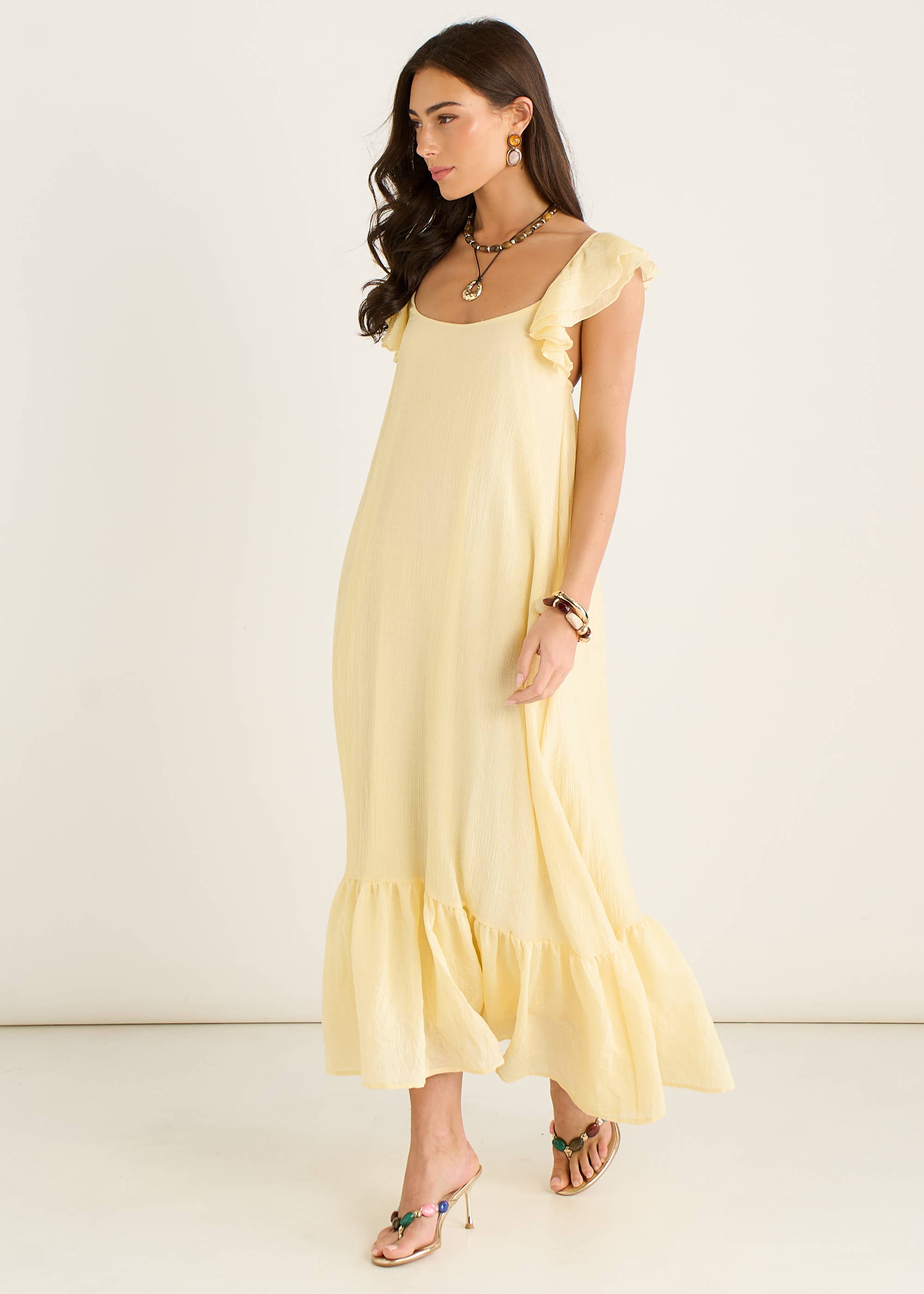 Lemon Ruffle Short Sleeve Viscose Maxi Dress