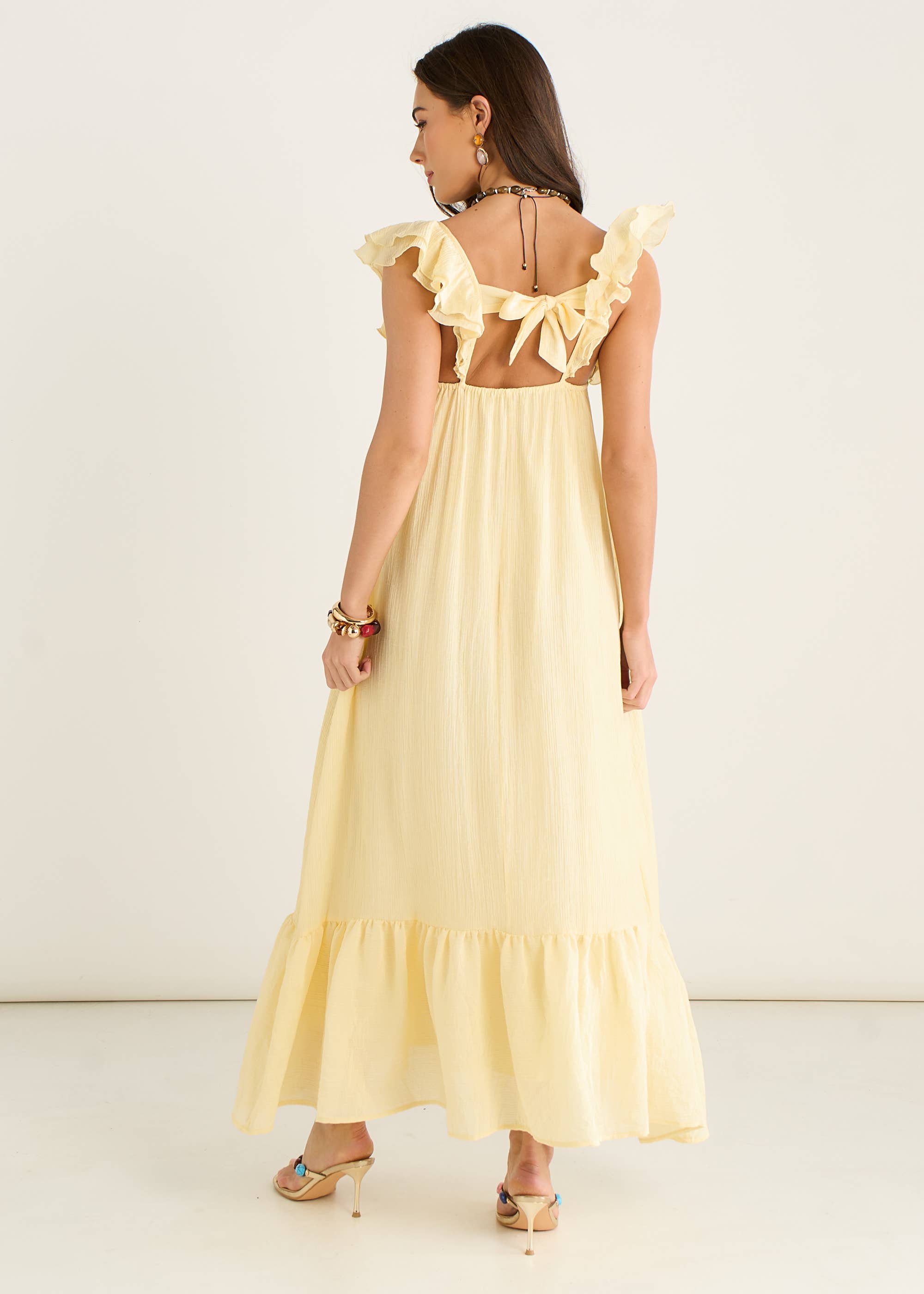 Lemon Ruffle Short Sleeve Viscose Maxi Dress