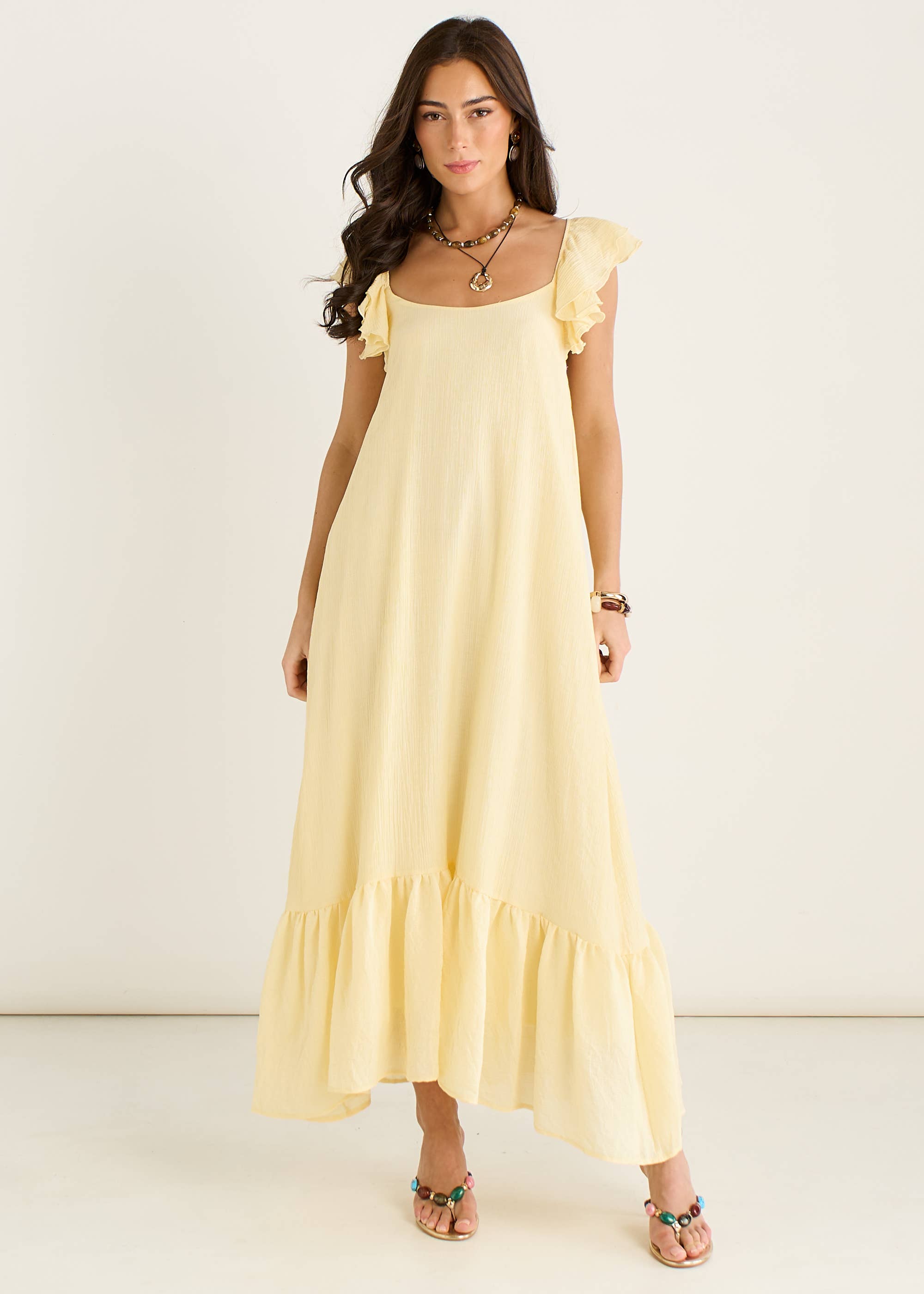Lemon Ruffle Short Sleeve Viscose Maxi Dress