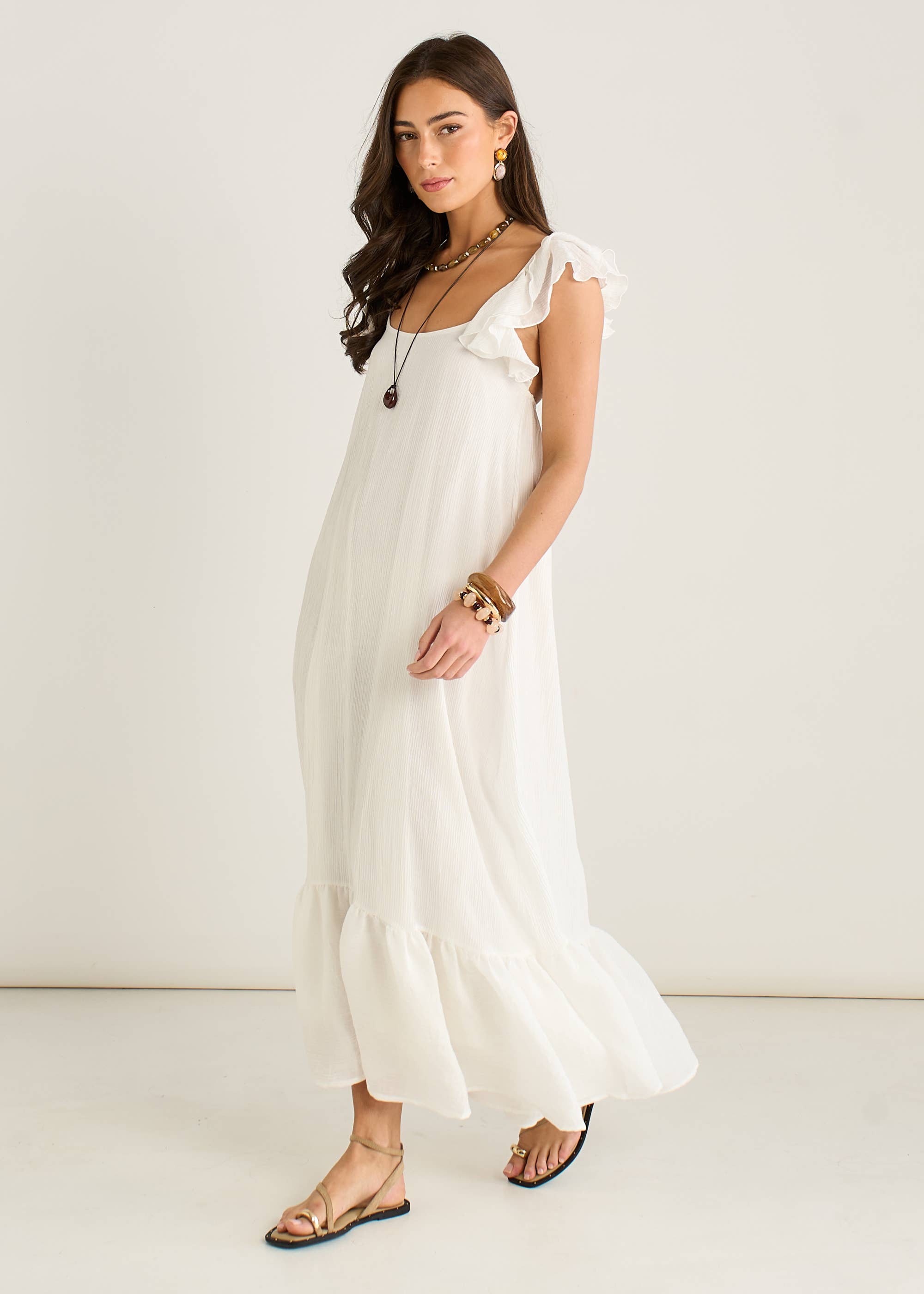 White Ruffle Short Sleeve Viscose Maxi Dress